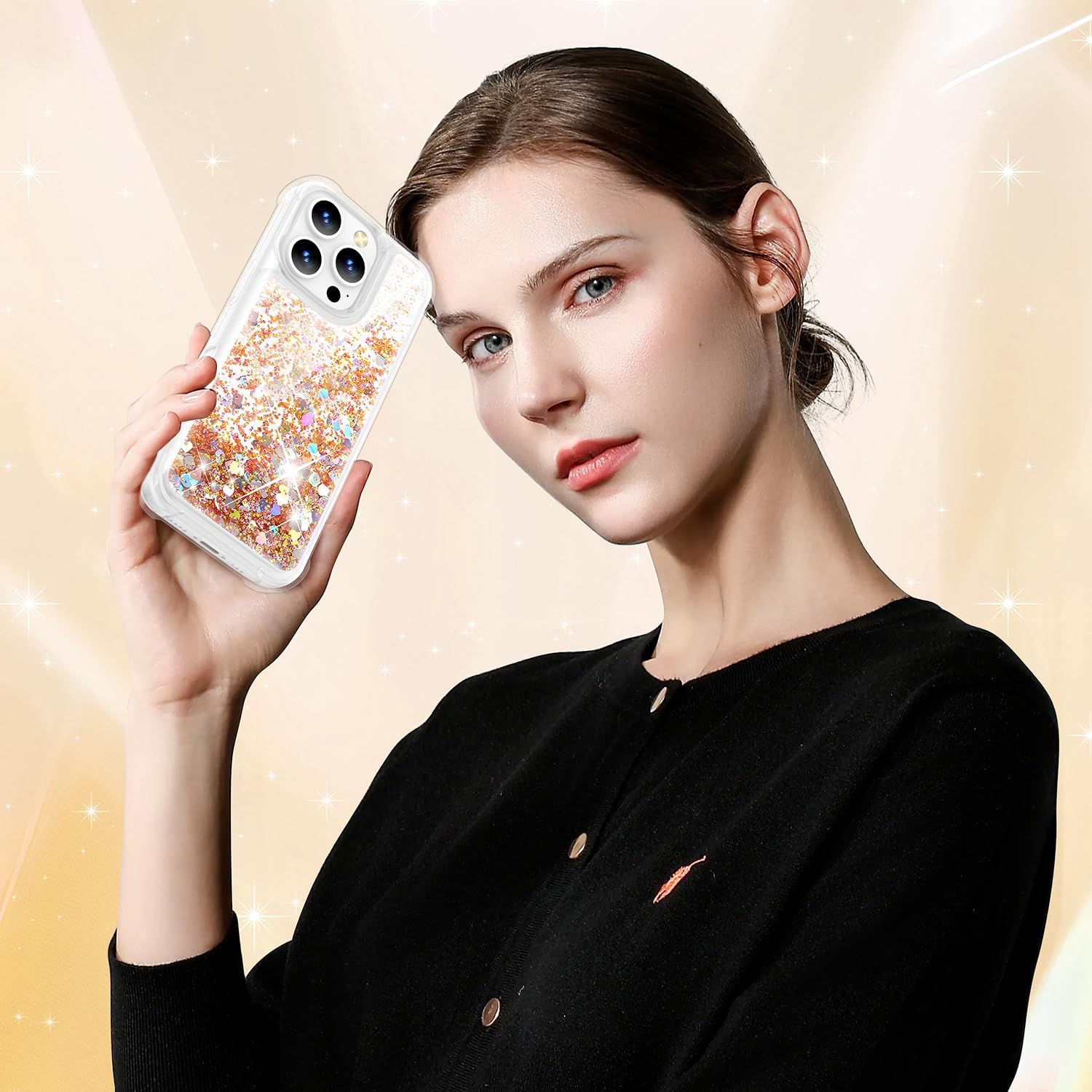 Liquid Glitter Case for iPhone 16 Pro Max, Flowing Sparkle Quicksand Design Bling Glitter Clear Case for Women, Soft TPU Shockproof Girly Case, Gold - Image 7