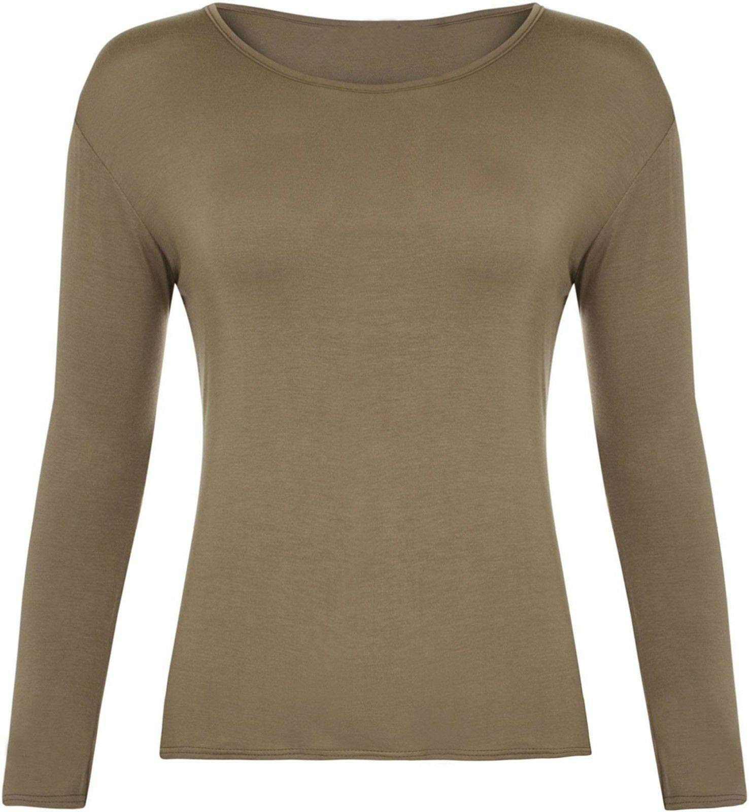Ladies Women Basic Long Sleeve Plain Round Neck Ladies Stretch Plus Size Top T Shirt (Mocha, XL)