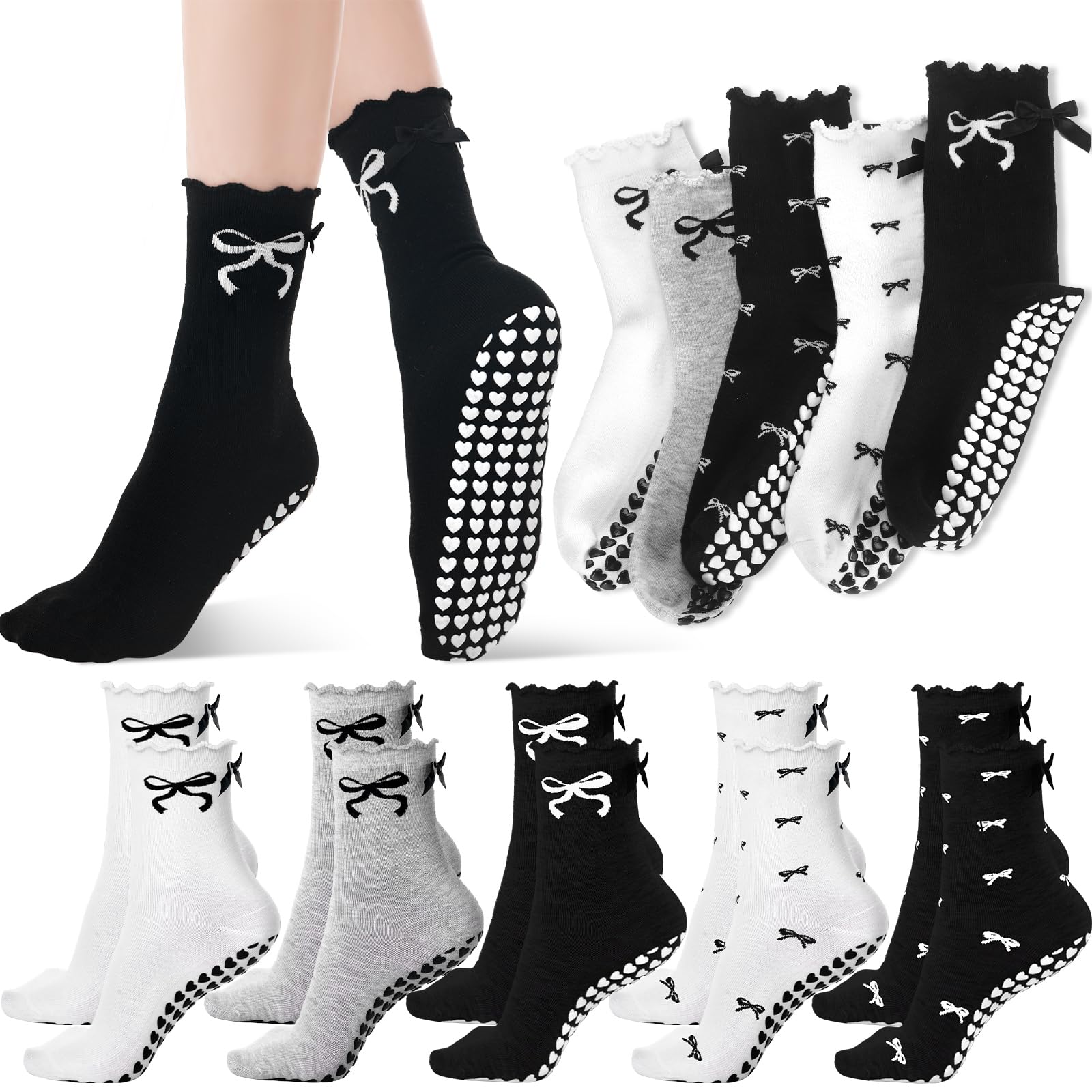 Coquette - Calcetines de pilates con lazo negro para mujer, transpirables, con volantes, puños con volantes, antideslizantes, calcetines atléticos, color blanco y negro, nailon satinado con