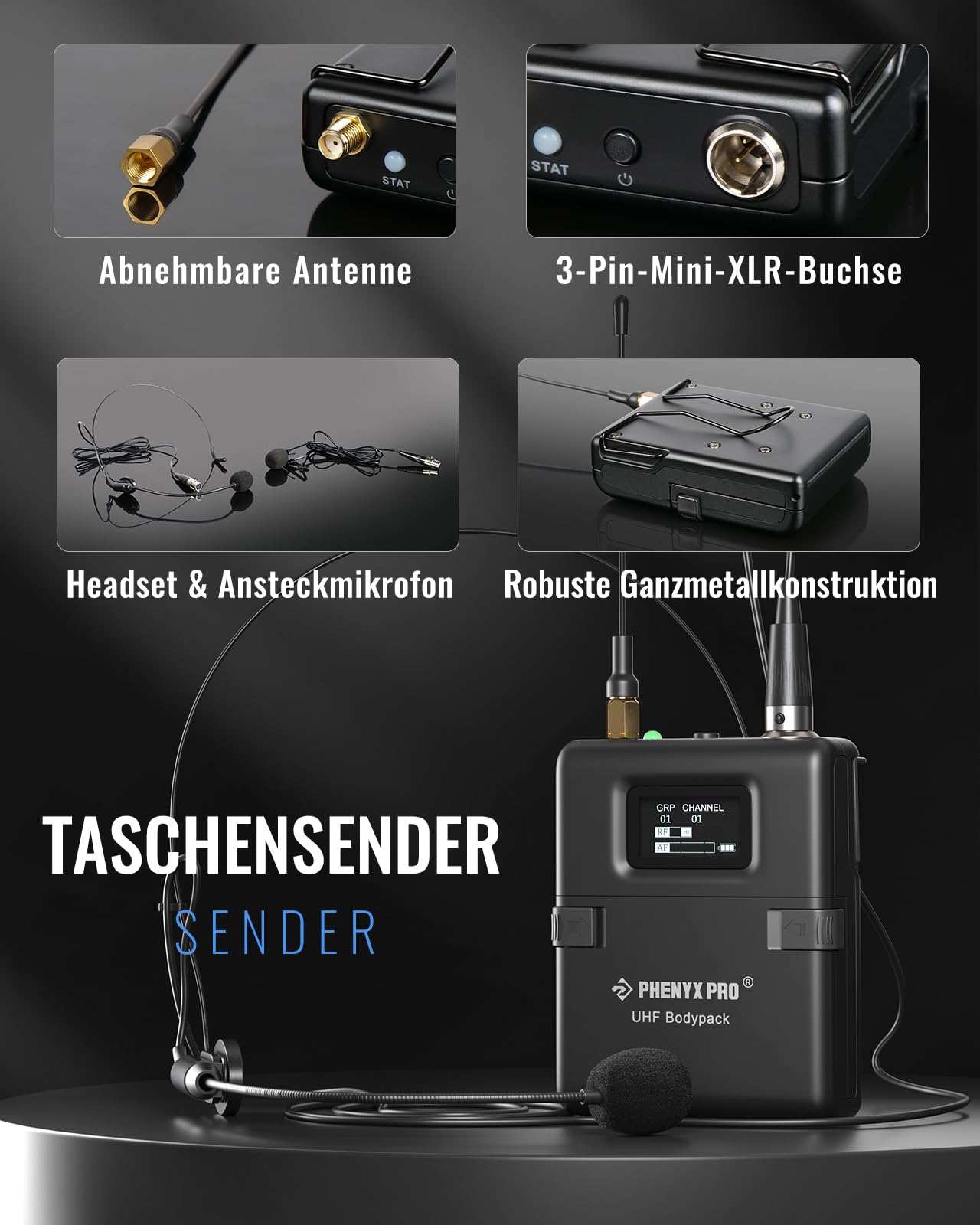 Phenyx Pro Wireless Mikrofon Karaoke funkmikrofon Set - Dual mikrofon kabellos, Auto Scan, 2x1000 Kanäle, inkl. Handheld/Bodypack/Headset/Lapel Mics für Bühne & Studio (PTU-2U-1H1B) | Auto-Scan, 2 x 1000 Kanäle, 300-328 ft Reichweite, Schnelle IR-Sync, He