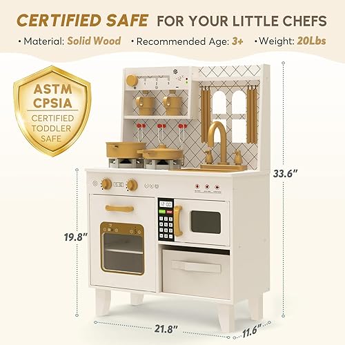 Miniatura 6 de BIERUM Juego de cocina con luces y sonidos realistas, juego de cocina de madera para niños pequeños, cocina de juguete con 26 accesorios de comida y