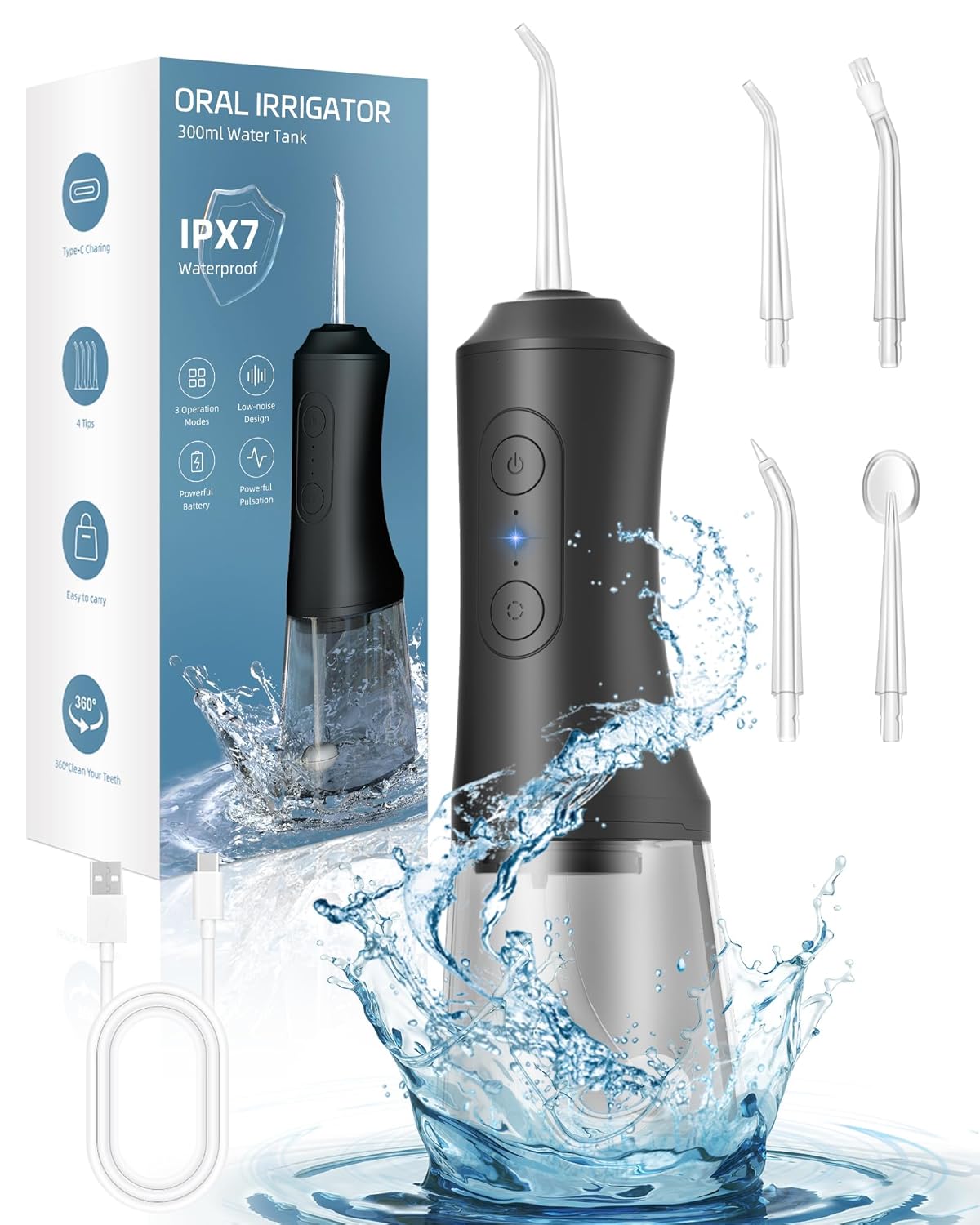 Water Flosser Water Dental Flosser Pick for Teeth 300ML IPX7 Waterproof Oral Irrigator 3 Modes 4 Replaceable Jet