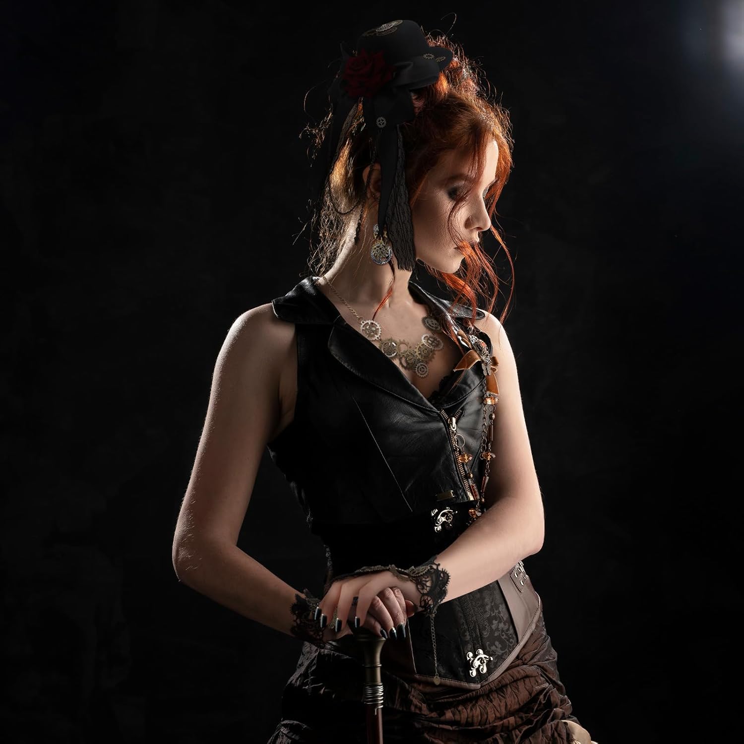 Crowye 5 Pcs Halloween Steam punk Jewelry Cosplay Set Gothic Steampunk Mini Top Hat Floral Lace Wristband Gear Earrings and Necklace for Women Halloween Accessories