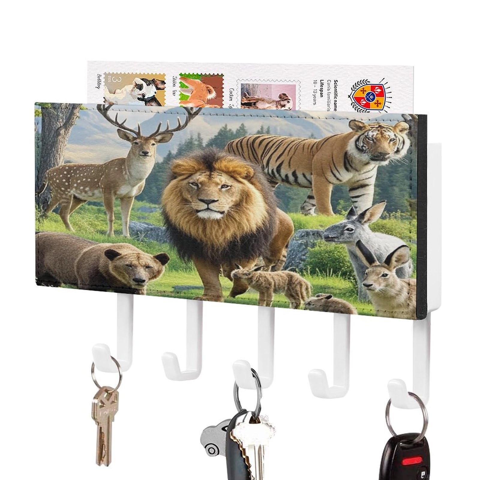 Fekiloot White-Style Wild Animals Key Holder Wall Mount Key And Mail Holder Key Hanger With 5 Hooks Decorative Pu Key Rack Hanging Key Hooks For Wall Living Room Kitchen Bathroom Hallway