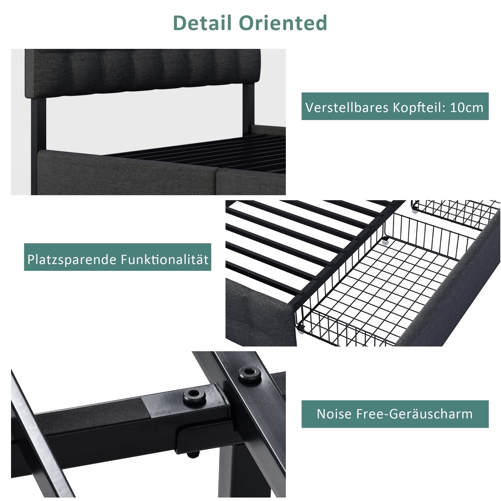 AMDXD Polsterbett mit 4 Schubladen & Federkernmatratze, Doppelbett mit Lattenrost, Stauraum Bett, höhenverstellbares Kopfteil Metalllattenstütze, Leinenmaterial 140 x 200 cm, Schwarz