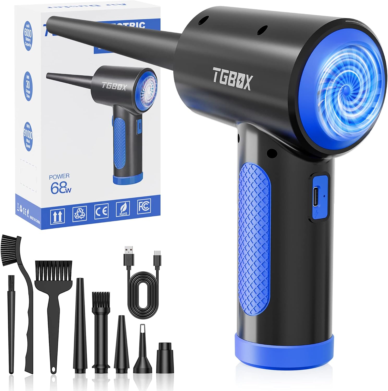 TGBOX Compressed Air Duster 91000RPM, 3 Speeds Powerful Cordless Air Duster,Portable Air Blower for Cleaning Computer Keyboard, Blue