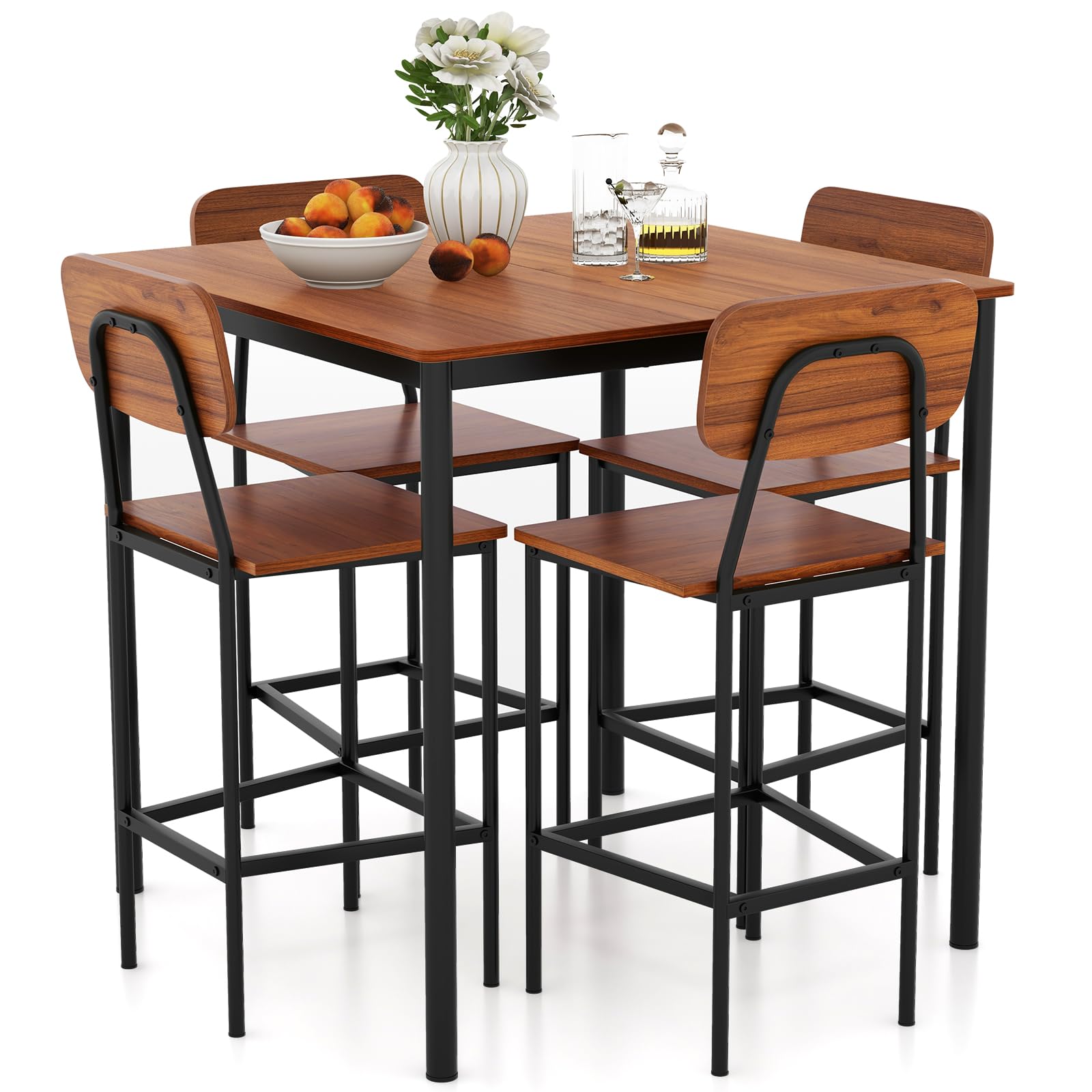 Giantex 5-Piece Dining Table Set W/Counter Height Table & 4 Bar Stools, Industrial Kitchen Dining Table Set W/Footrest & Backrest, Space-Saving Dinette Set for Pub, Dining Room, Restaurant (Walnut)