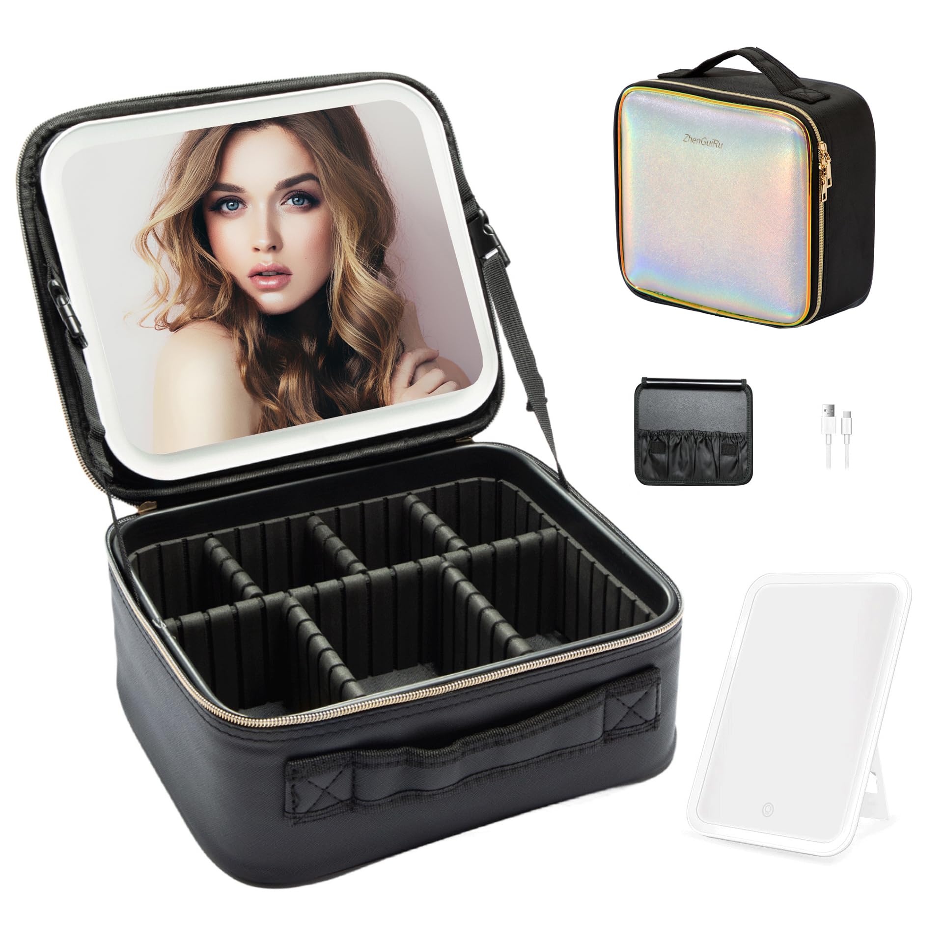 travel makeup bag with led mirror – waterproof cosmetic train case with adjustable dividers, portable makeup organizer and toiletry bag for women, pink teens & girls gift