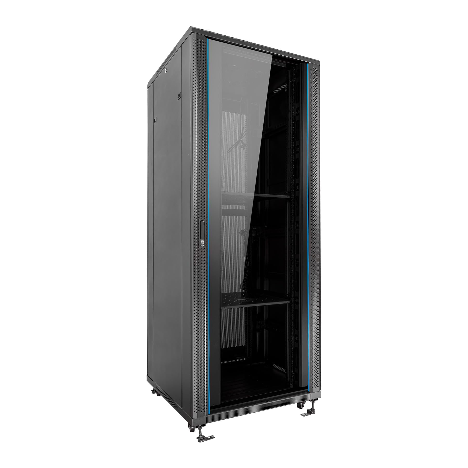 Aiten Data Armario Rack Suelo 19" 42U 600 x 800 x 2060 mm Montado con Accesorios: 2 Bandejas Fijas, 4 Ventiladores 120 mm,1 Regleta PDU con 8 Puertos Schuko de 1U, Patas, Ruedas y Llaves