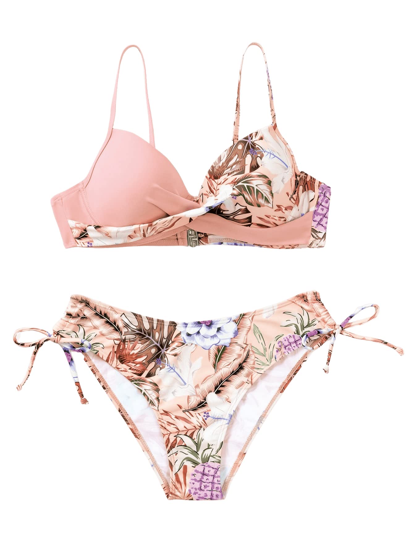 GORGLITTER Bikini damskie bikini push up z fiszbinami, strój kąpielowy z wzorem tropikalnym, dwuczęściowy strój kąpielowy