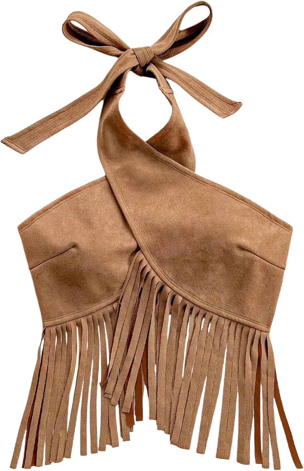 MakeMeChic Women's Suede Criss Cross Halter Crop Tops Backless Fringe Vintage Tank