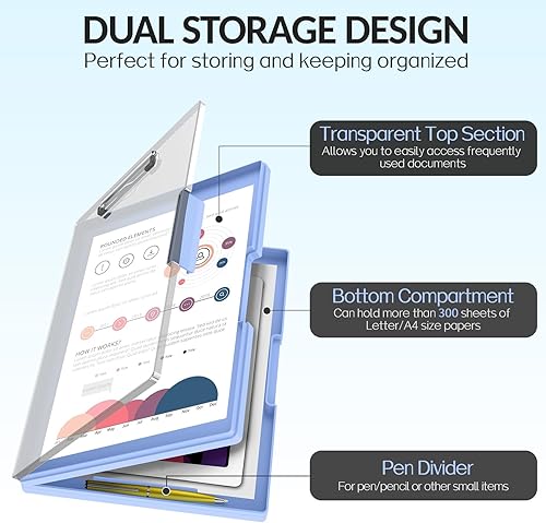 Miniatura 3 de Sooez Portapapeles con almacenamiento, tableros de clip resistentes de 8.5 x 11 pulgadas con doble almacenamiento, portapapeles de plástico de