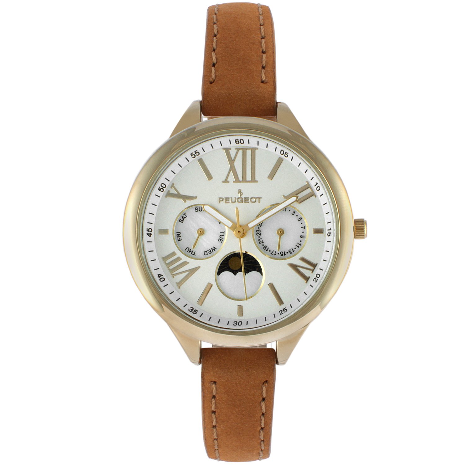 Peugeot Women’s Gold Round Multi-Function Watch with Skinny Brown Suede Strap