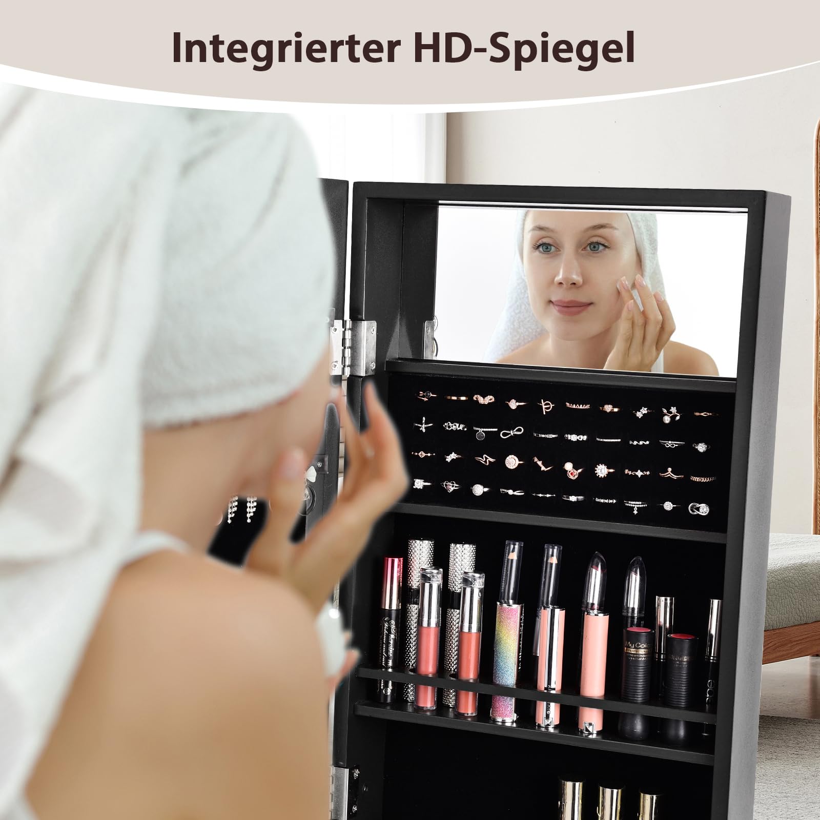 GOPLUS Schmuckschrank mit LED-Beleuchtung, Schmuckregal mit Ganzkörperspiegel & Eingebautem Spiegel, Frei Stehender Spiegelschrank, mit Stauraum für Schmuck & Kosmetika (Schwarz)