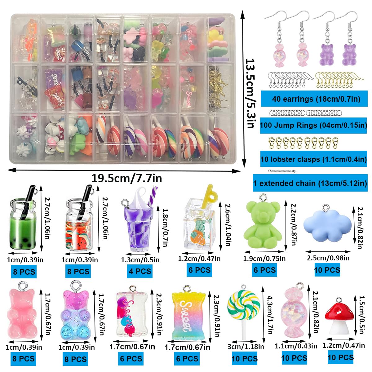 TRUBUY Set di Ciondoli, 100 pezzi in Resina Bubble Tea Mushroom Bear Crafting con 151PCS Accessori Fai Da Te per Orecchini Bracciali Collane Portachiavi e Creazione di Gioielli