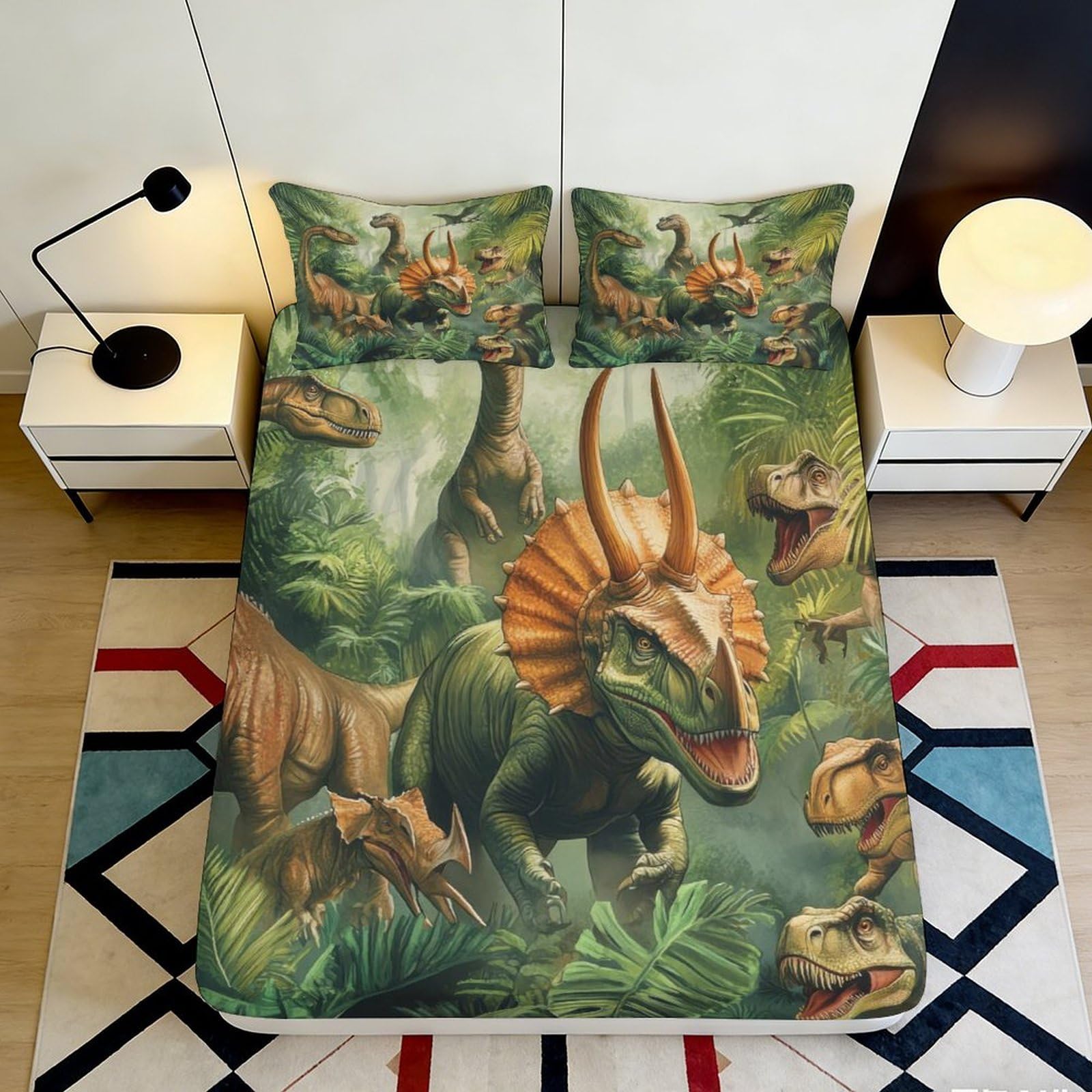 3D Printed Dinosaur Jungle Fitted Sheet Microfiber Soft Breathable Prehistoric Forest Bed Cover for Bedroom Dorm Mattress Protection Decor 90x200x25cm