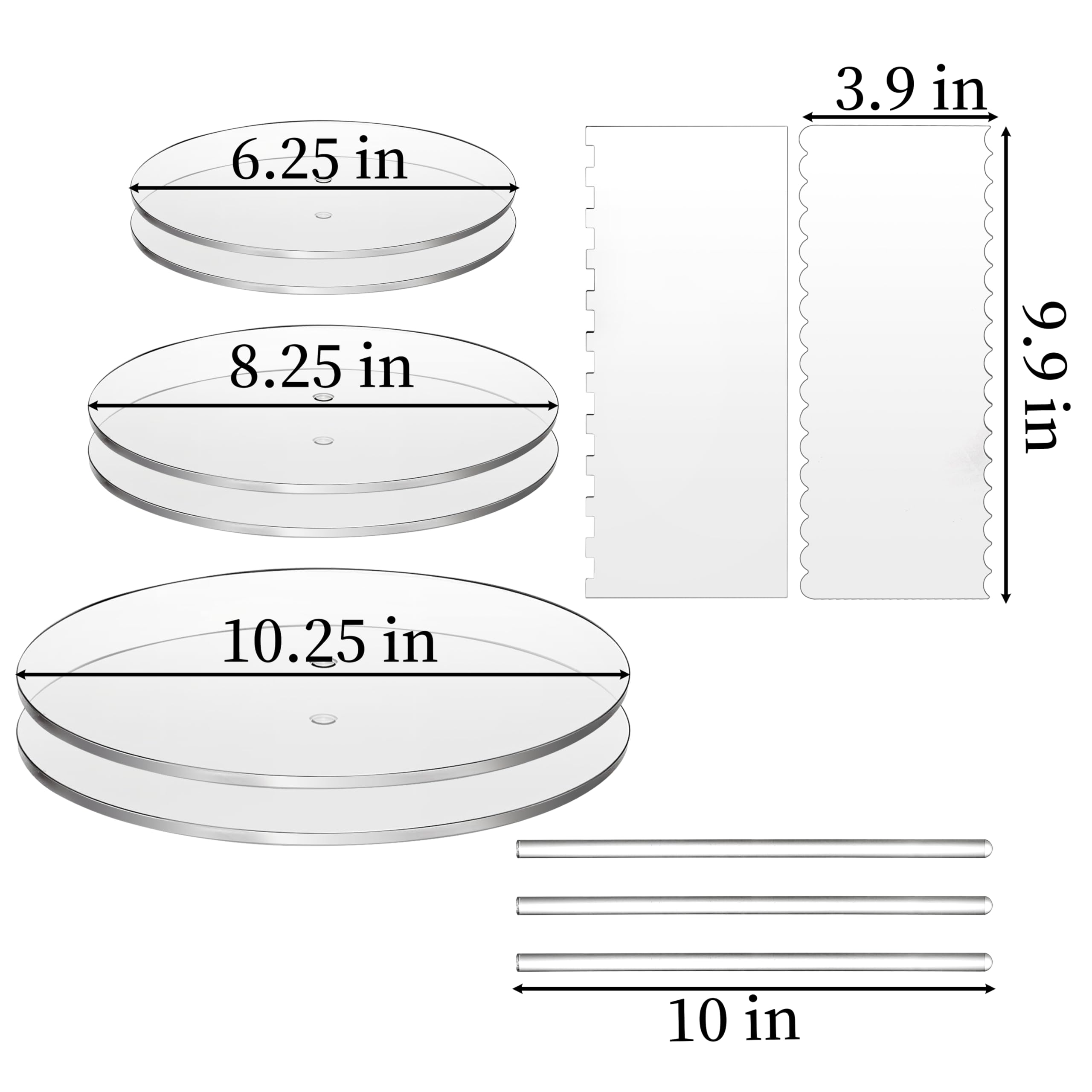 Coloch 11 Pieces Acrylic Cake Discs Set, Clear Cake Decorating Supplies with 6 Acrylic Discs, 2 Icing Scraper and 3 Center Dowel for 3 Tier Cake Making, Serving Bake Goods, 6.25/8.25/10.25 Inch
