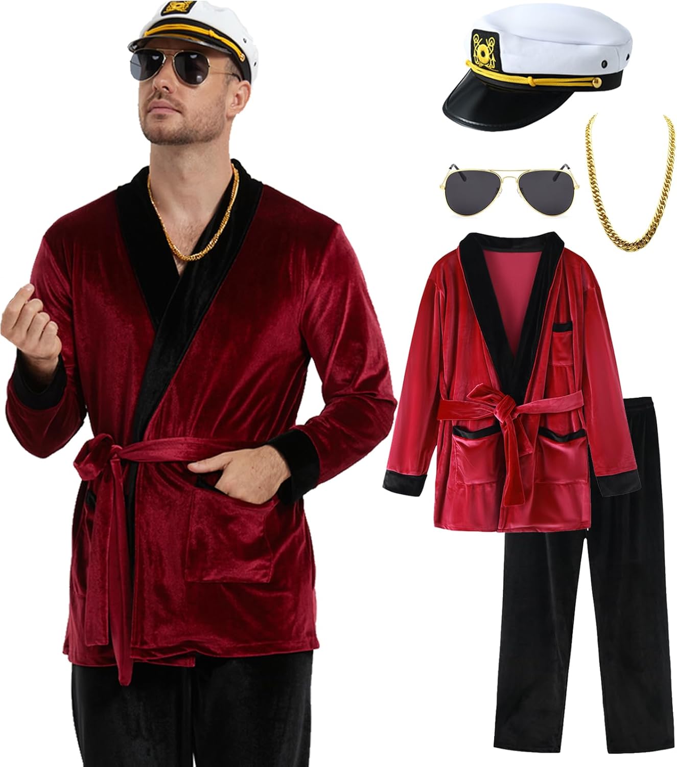 Halloween Costume for Men 2024, Adult Red Robe Jacket with Captain Hat Accessories