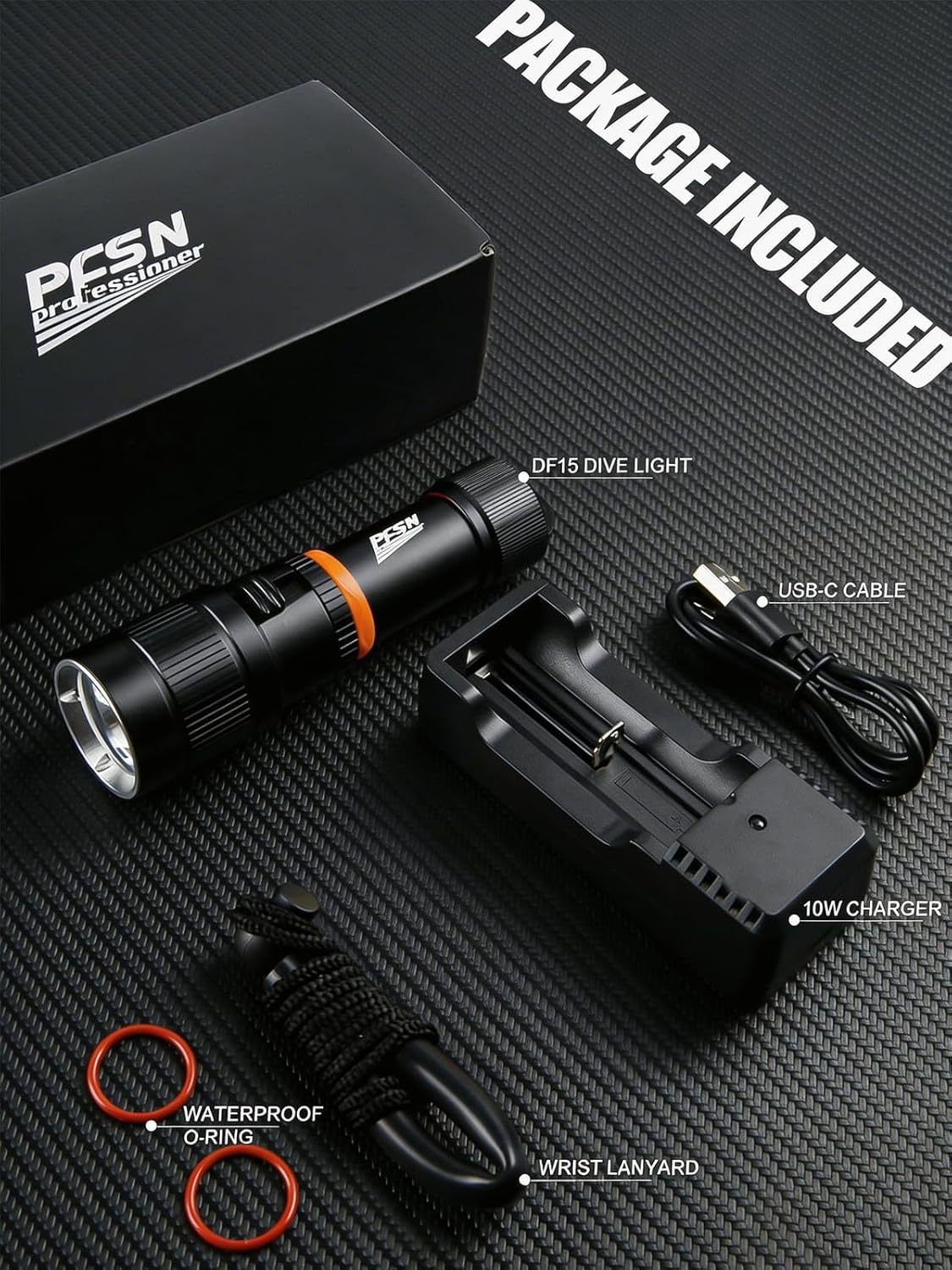 Scuba Dive Light Diving Flashlight - PFSN High Lumens Underwater Flashlight IPX68 Waterproof, Rechargeable Dive Torch, Narrow Beam Diving Lamp Best for Diver Submersible Caving, Snorkeling