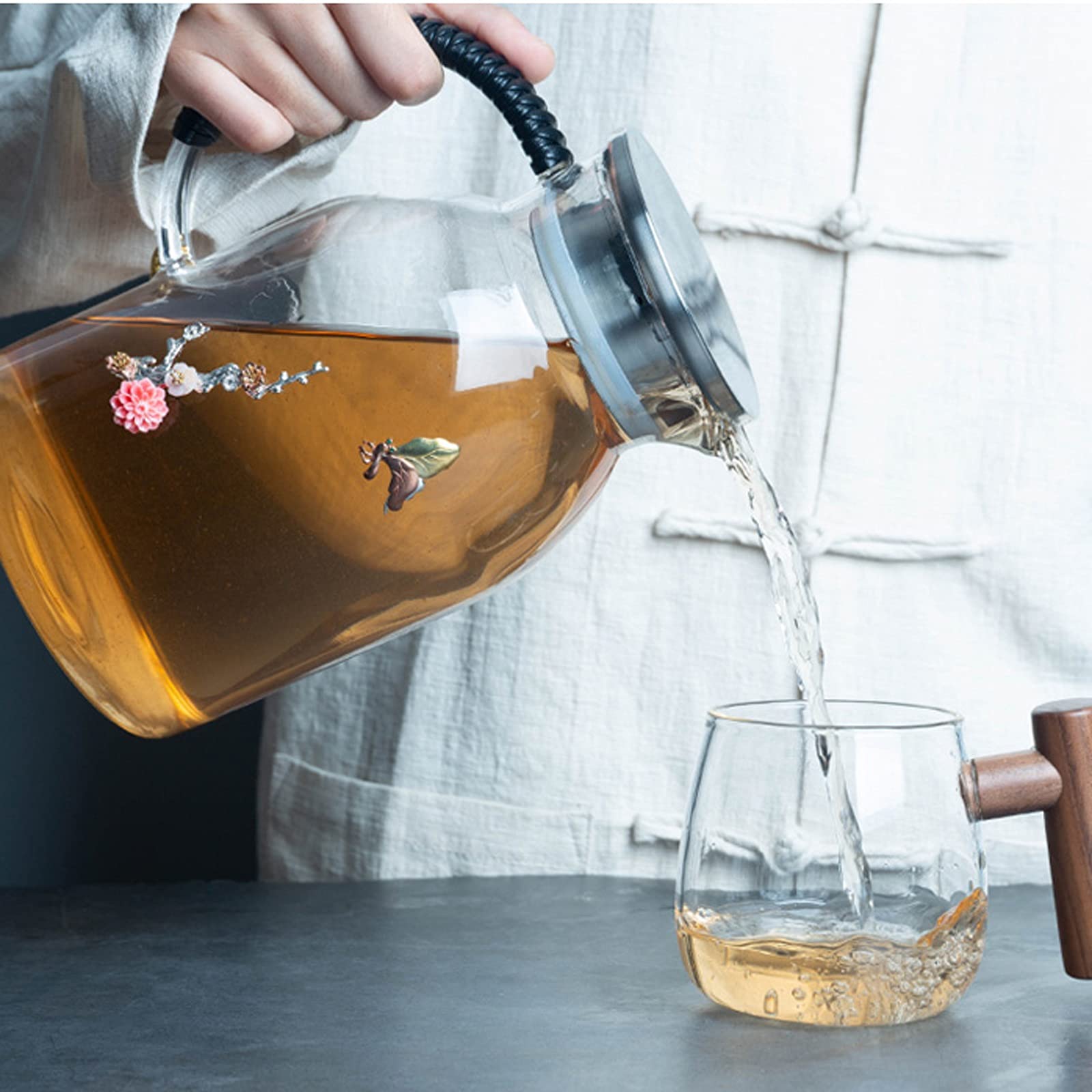 Jarras Jarra de Plata con Incrustaciones de Vidrio con Mango Anti-escaldado Jarrafa de Gran Capacidad con Tapa de Acero Inoxidable Tetera de la Tetera Jugo Jugado Jarra de Vidrio