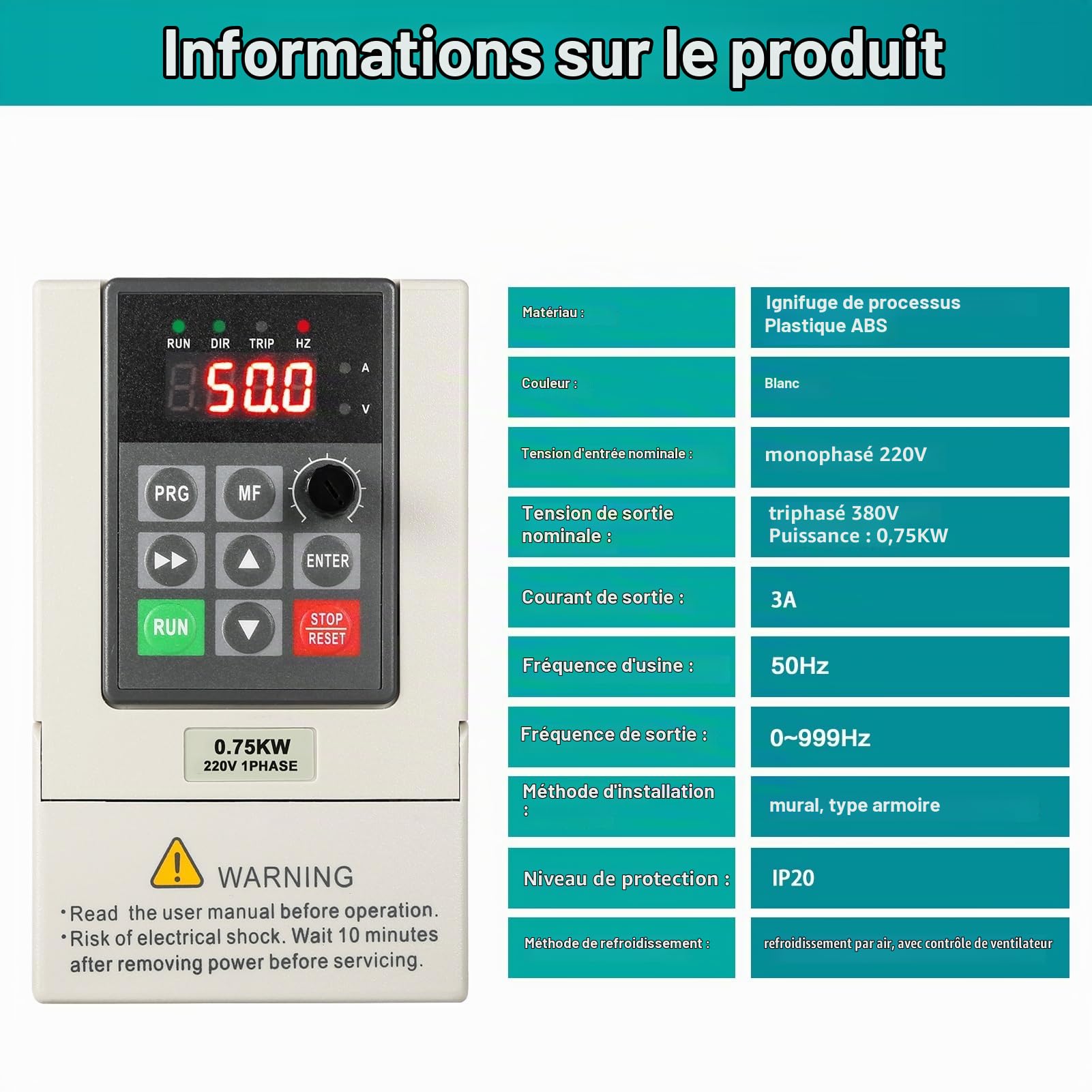 Transformateur 220v 380v Variateur de Frequence Convertisseur de Fréquence 220v Entrée Monophasé 380v Sortie Triphasé pour 0.75 KW Moteur de Broche CNC Contrôle de Vitesse