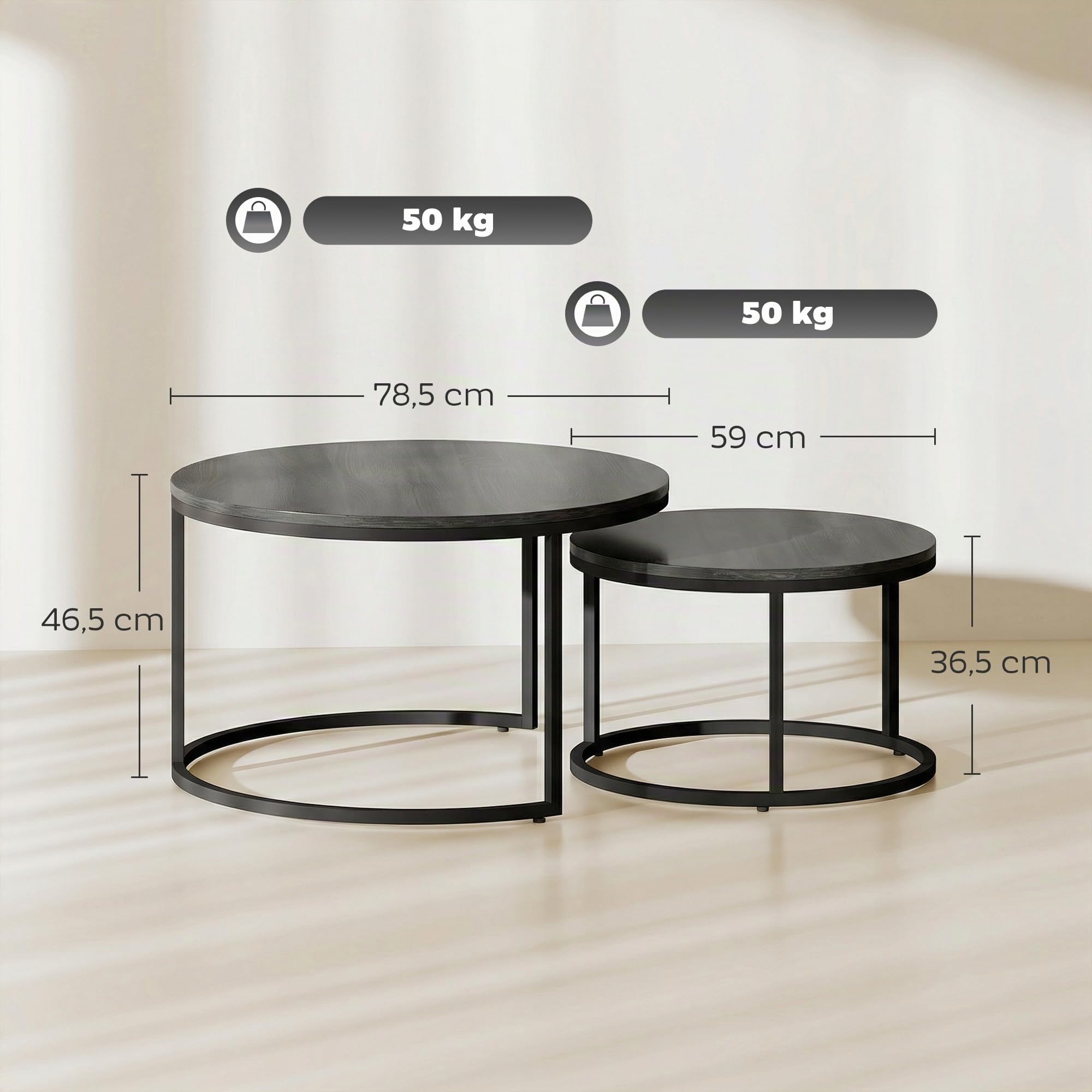 HOMCOM Juego de 2 mesas de centro nido, mesa de centro redonda, apilable, diseño industrial, mesa de centro, patas de metal, negro | Diseño industrial, patas de metal