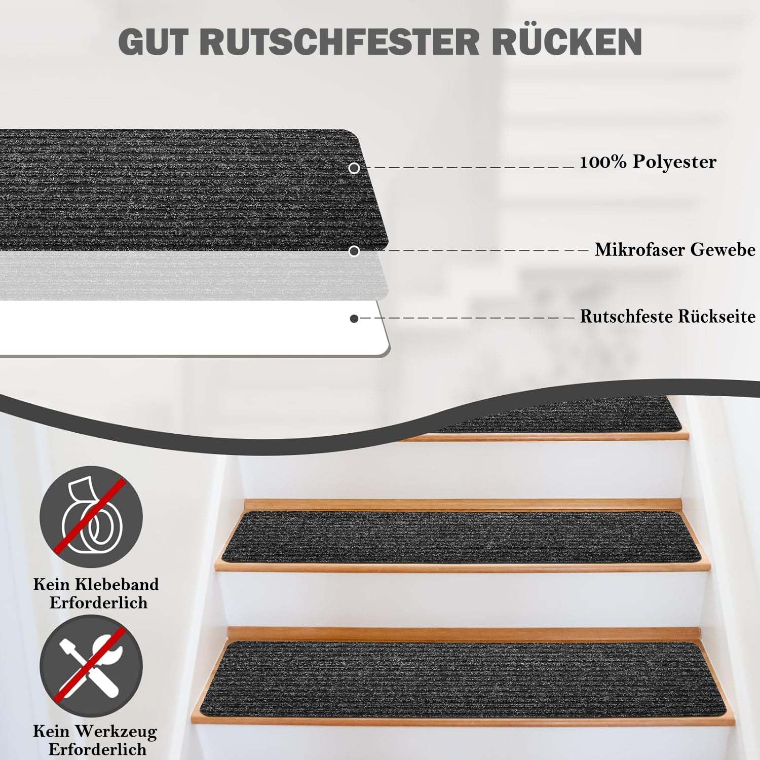15 Tappetini Antiscivolo Per Scale Duscdesp – Autoadesivi Senza Colla, 60x20 Cm Grigio Scuro, Per Interni E Scale In Legno O Marmo