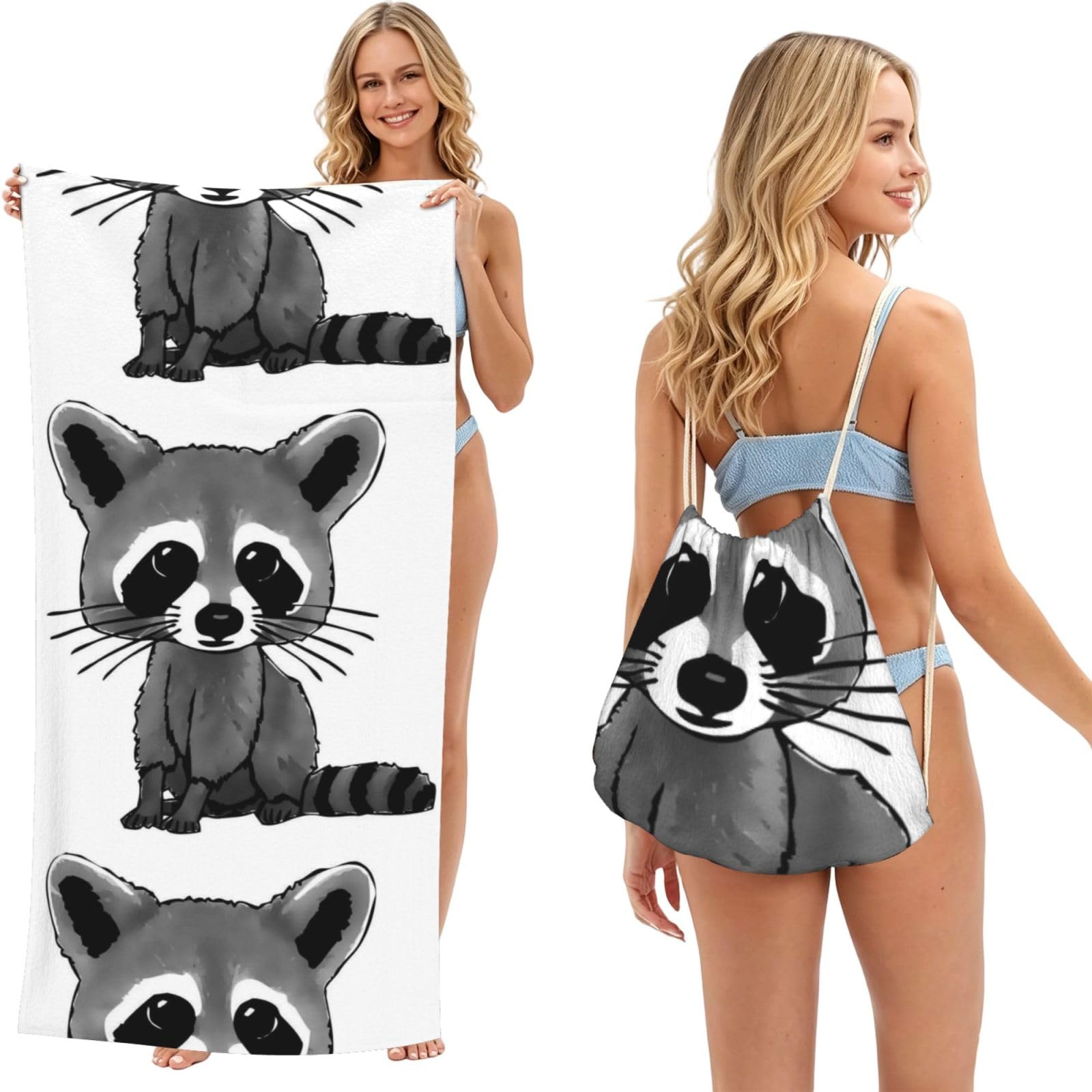 Poadnly As Picture Cartoon Cute Raccoon, 2 In 1 Packable Towel Bag, Beach Towels With Drawstring Backpack For Travel Holiday Camping