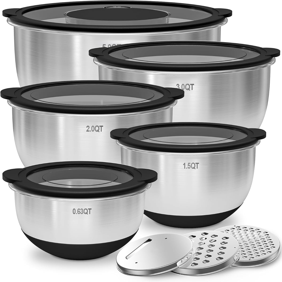 Deedro Edelstahl-Schüsseln mit Transparentem Deckel [5er Set], 4.7L/2.8L/1.9L/1.4L/0.63L – Rührschüssel, Salatschüssel, Schüsselset, Schwarz | rutschfest, stapelbar, Spülmaschinenfest | inkl. Reibe