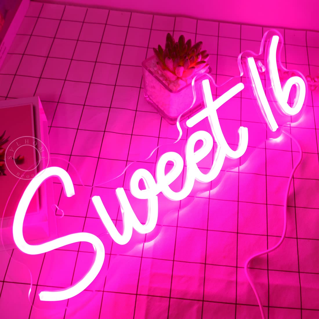 SYLHOME Pink Sweet 16 LED Neon Light Sign Sweet Girls Adults Bedroom Happy Birthday Party Wall Decor Banner Beautiful Bestie Sister Sixteen Gift USB 15.75" X 5"