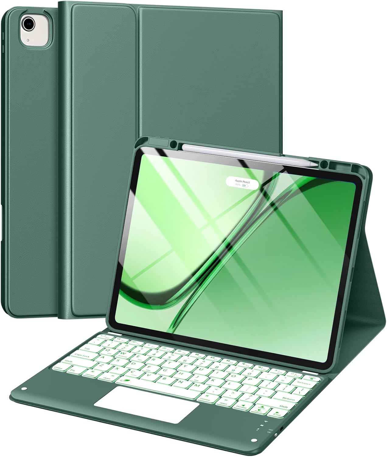Harvopu for iPad Air 13 Inch & Pro 12.9 Case with Keyboard - Multi-Touch Trackpad, 7 Colors Backlit, Detachable Folio Keyboard Cover for iPad Pro 12.9 (6th, 5th, 4th, 3rd gen), Air 13 M3/M2,Pine Green
