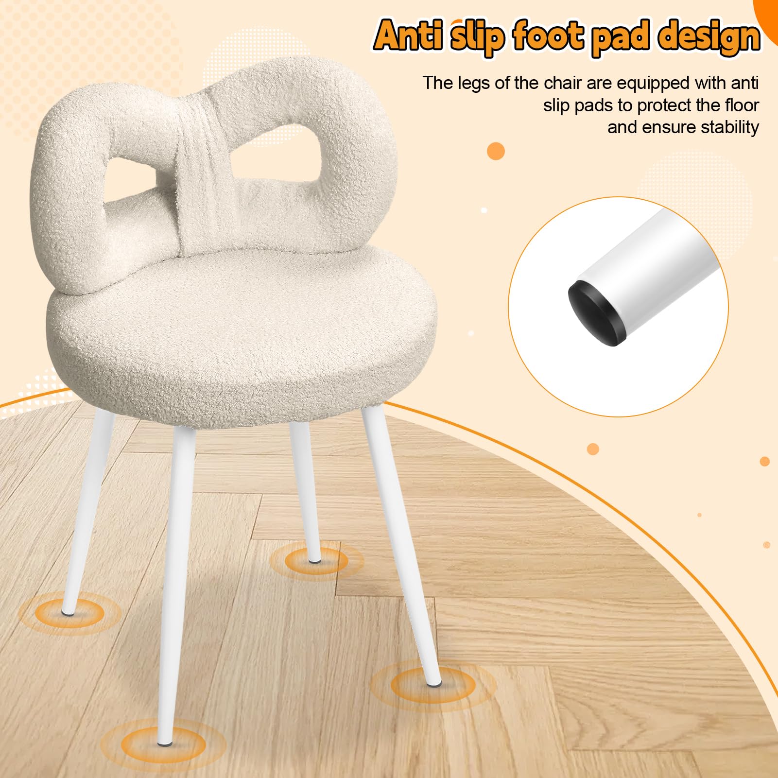 Chaise de Coiffeuse Pivotante avec Dossier Nœud – Chaise Maquillage Rose sans roulettes pour Fille, Tabouret Rembourré pour Chambre à Coucher, Salon ou Salle de Maquillage (Blanc)