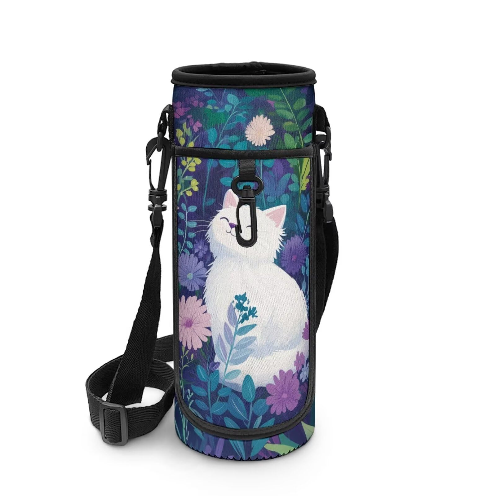POLERO Cute Cat Water Bottle Sling Holder for Girls Floral Drink Bottle Carrier with Shoulder Strap for School Camping