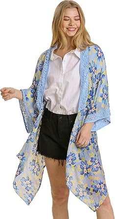 Umgee Womens Sky Sheer Floral Print Open Front Kimono with Crochet Detail