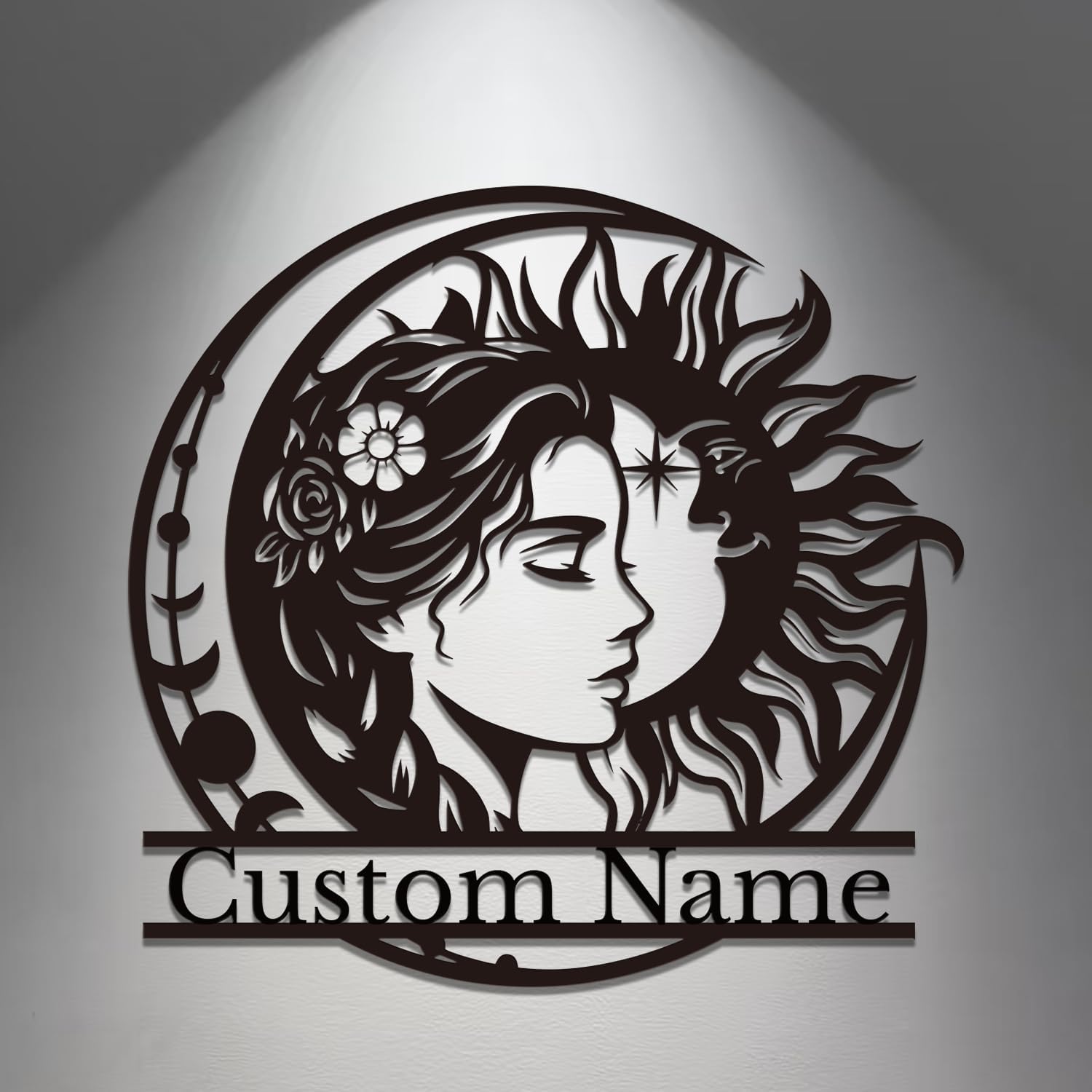 Personalized Sun & Moon Metal Wall Art - Custom Celestial Sign for Home & Garden - Spiritual Gift for Yoga Studios & Nature Lovers (Style-3)