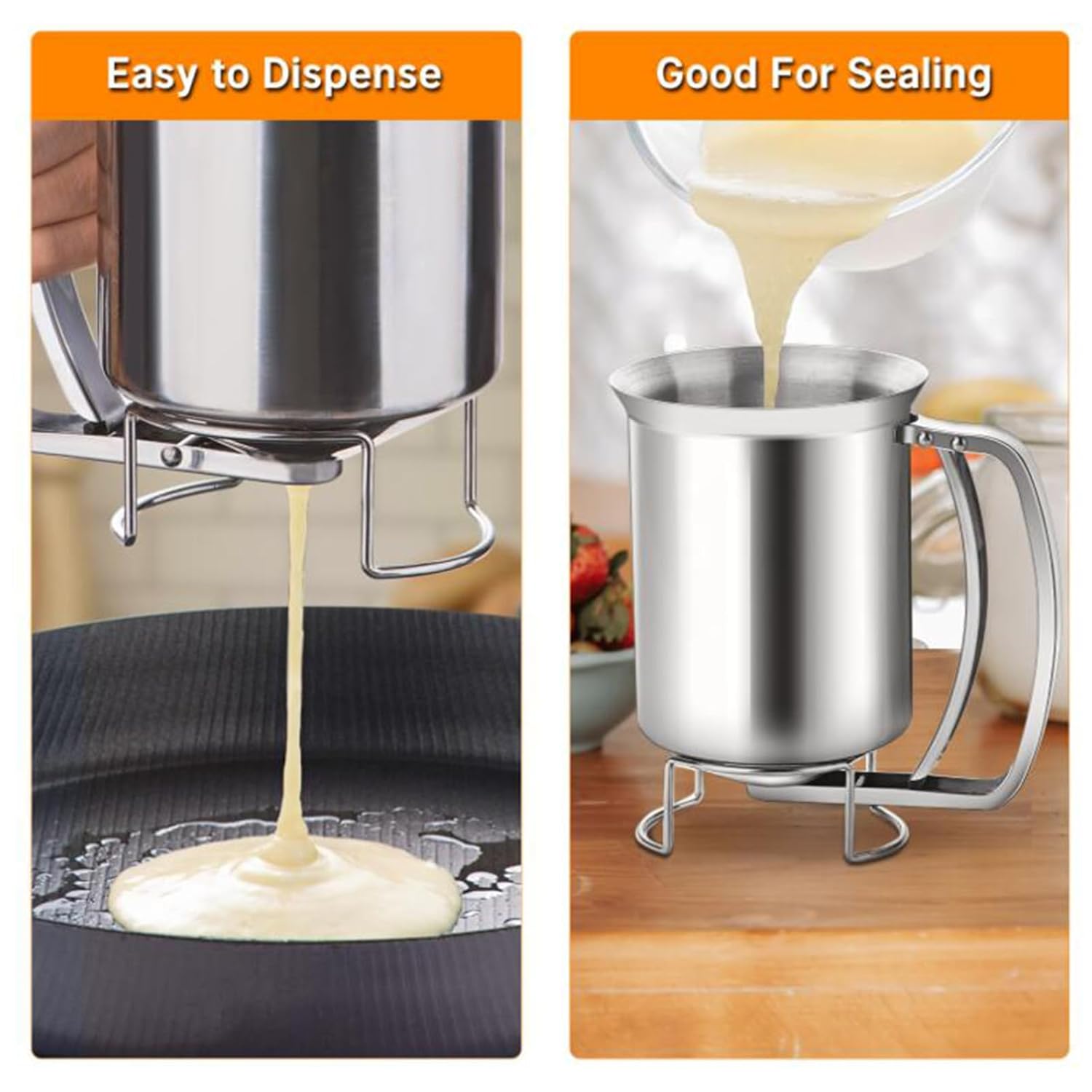 Pancake Batter Dispenser, Multi-Caliber Stainless Steel Funnel Cake Dispenser with Stand,Dust Cover and Squeeze Handle,Suitable for Pancakes, Cupcakes,Takoyaki or Any Baked Goods,680ml/24oz