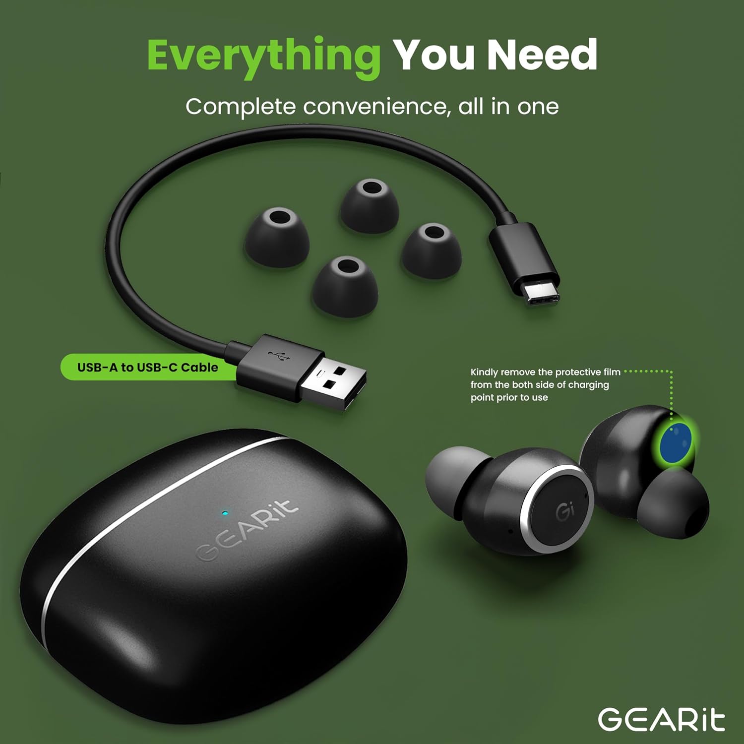 GEARit True Wireless Bluetooth Earbuds Compatible with iPhone, Android - 22H Playtime Earpods w/Active Noise Cancellation Up to 98.5% - HD Sound Clarity, Smart Touch Control - 5.4 Bluetooth Ear Buds