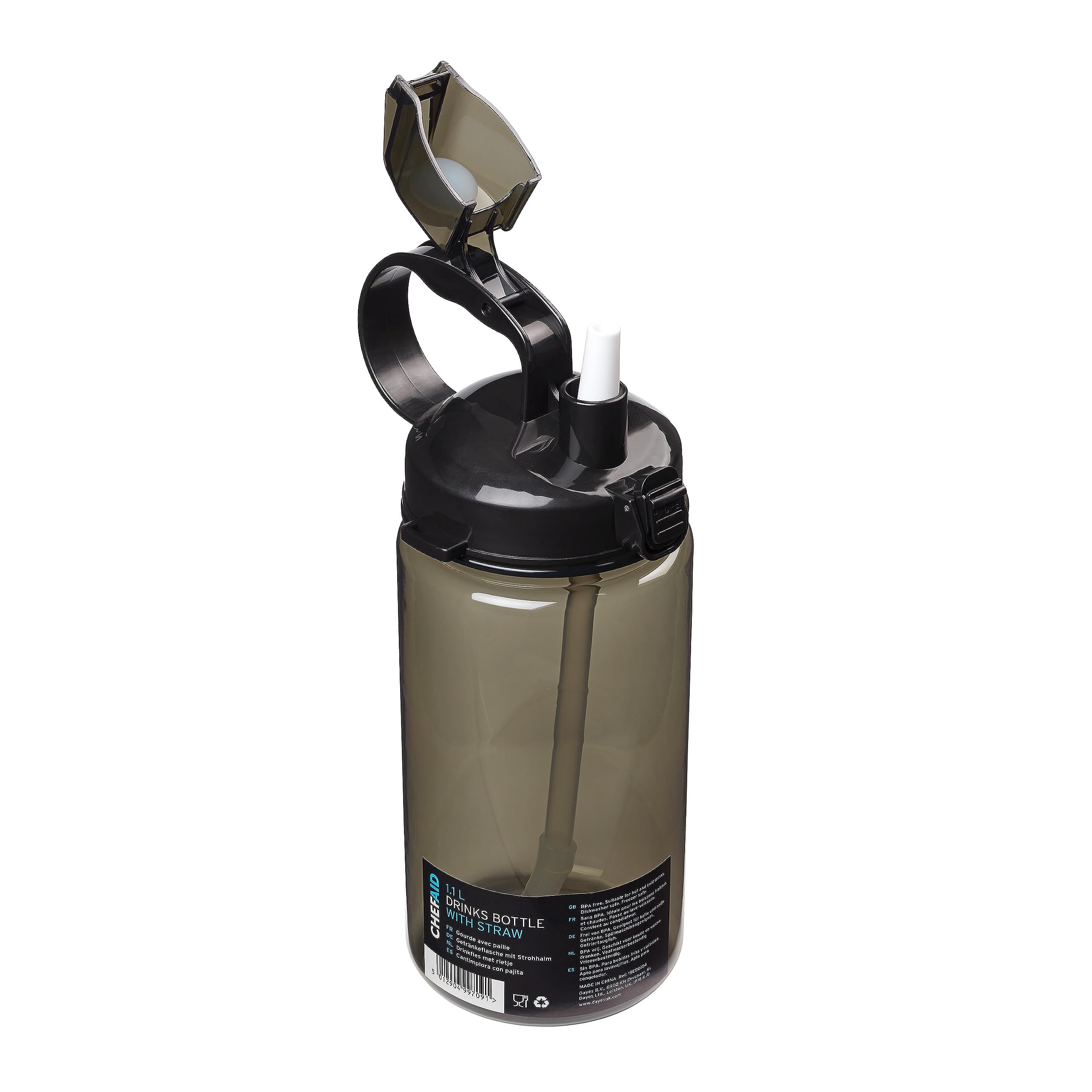 Chef Aid 1.1 Litre Drinks Bottle with Straw, Ideal for Hot and Cold Drinks, Freezer Safe, Dishwasher Safe, BPA Ffee