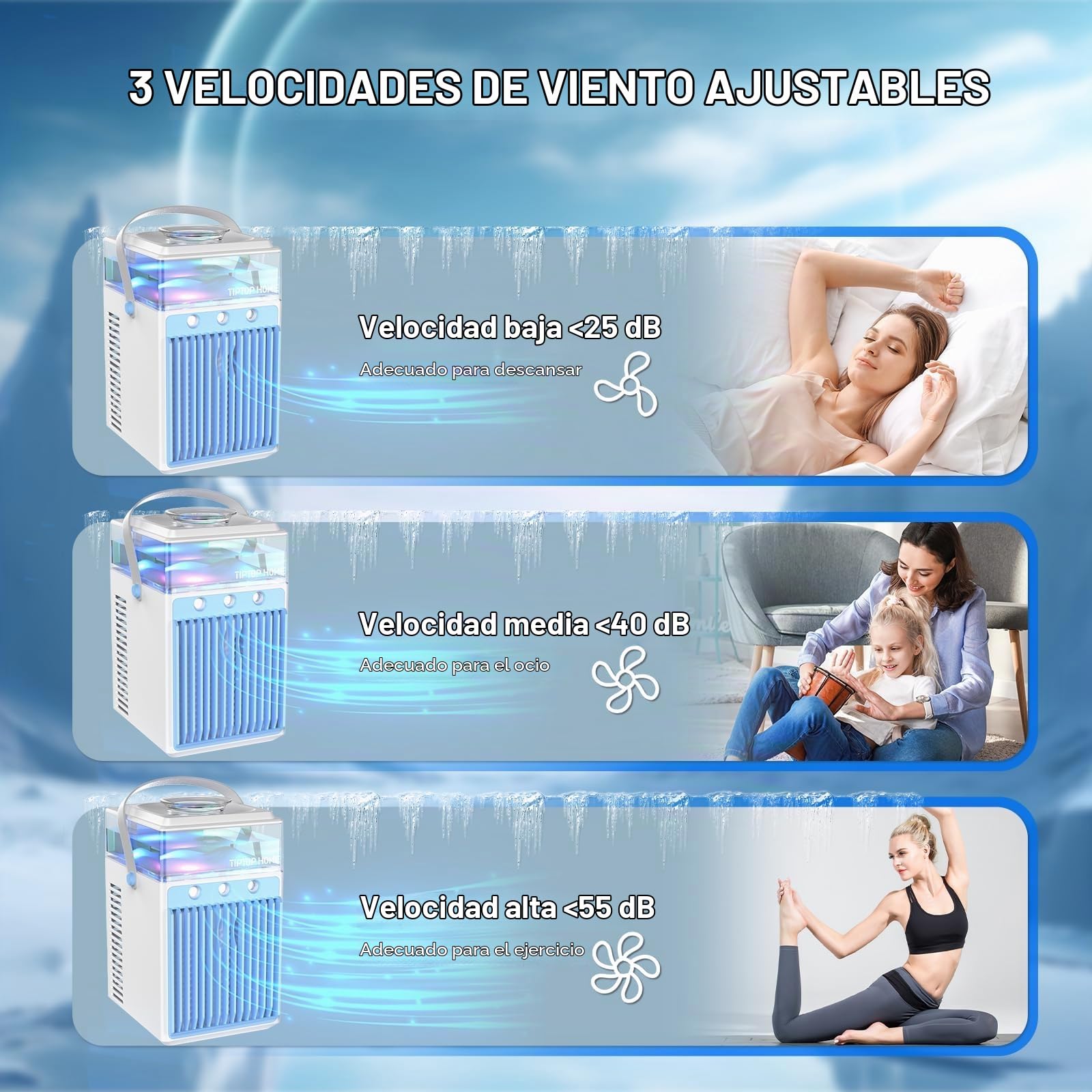 Aire acondicionado portátil, mini ventilador de aire acondicionado 5 en 1 con 3 velocidades, 3 pulverizaciones, control por aplicación y temporizadores, enfriador de aire evaporativo silencioso