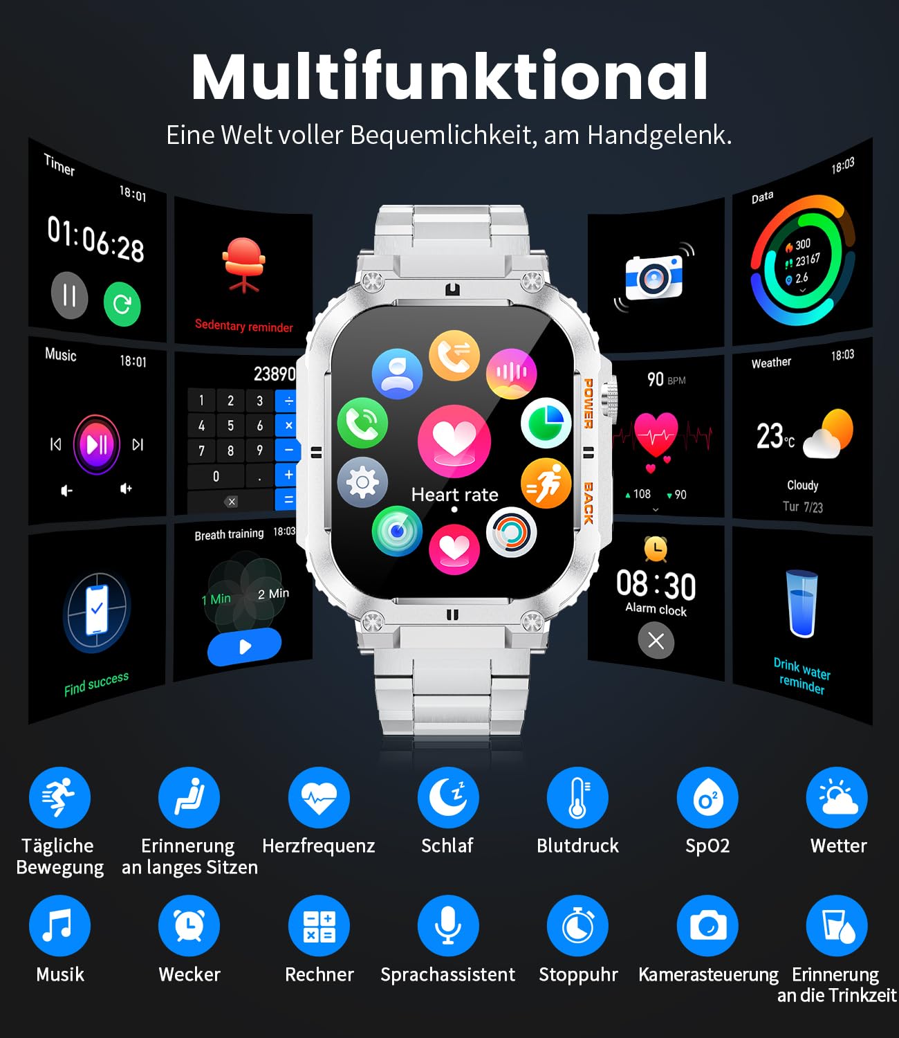 LIGE Smartwatch Uomo, Orologio Intelligente Fitness con Chiamate Bluetooth,1.96" Militari Smart Watch Tracker Attività con 100+ Modalità Sportive per Cardiofrequenzimetro,SpO2,Android iOS 2024
