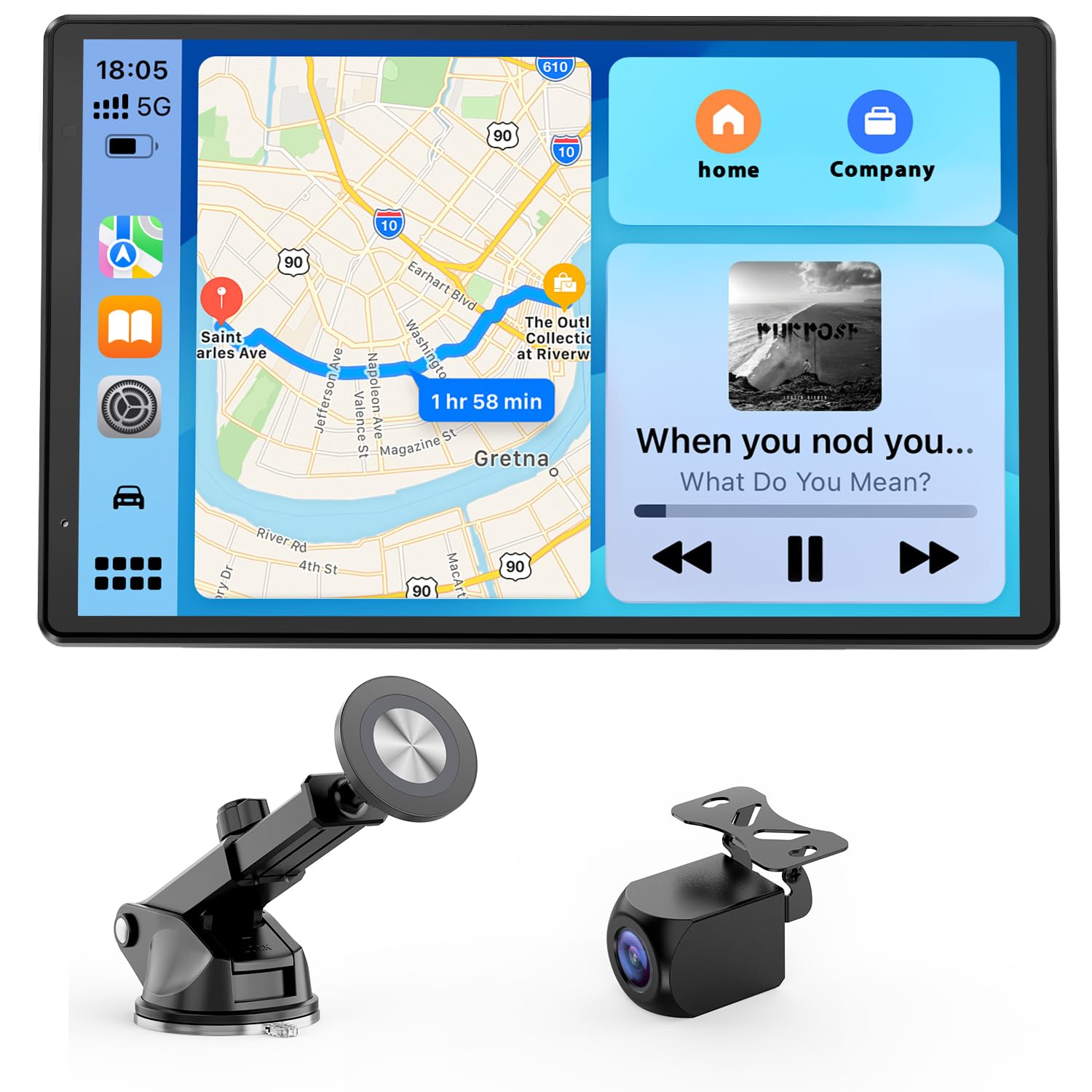 Avylet 8'' Tragbares Carplay Display für Apple CarPlay & Android Auto, Magnetische Halterung, Mirror Link und OTA-Updates, IP67 1080P Rückfahrkamera, Bluetooth, Sprachsteuerung, GPS-Navigation