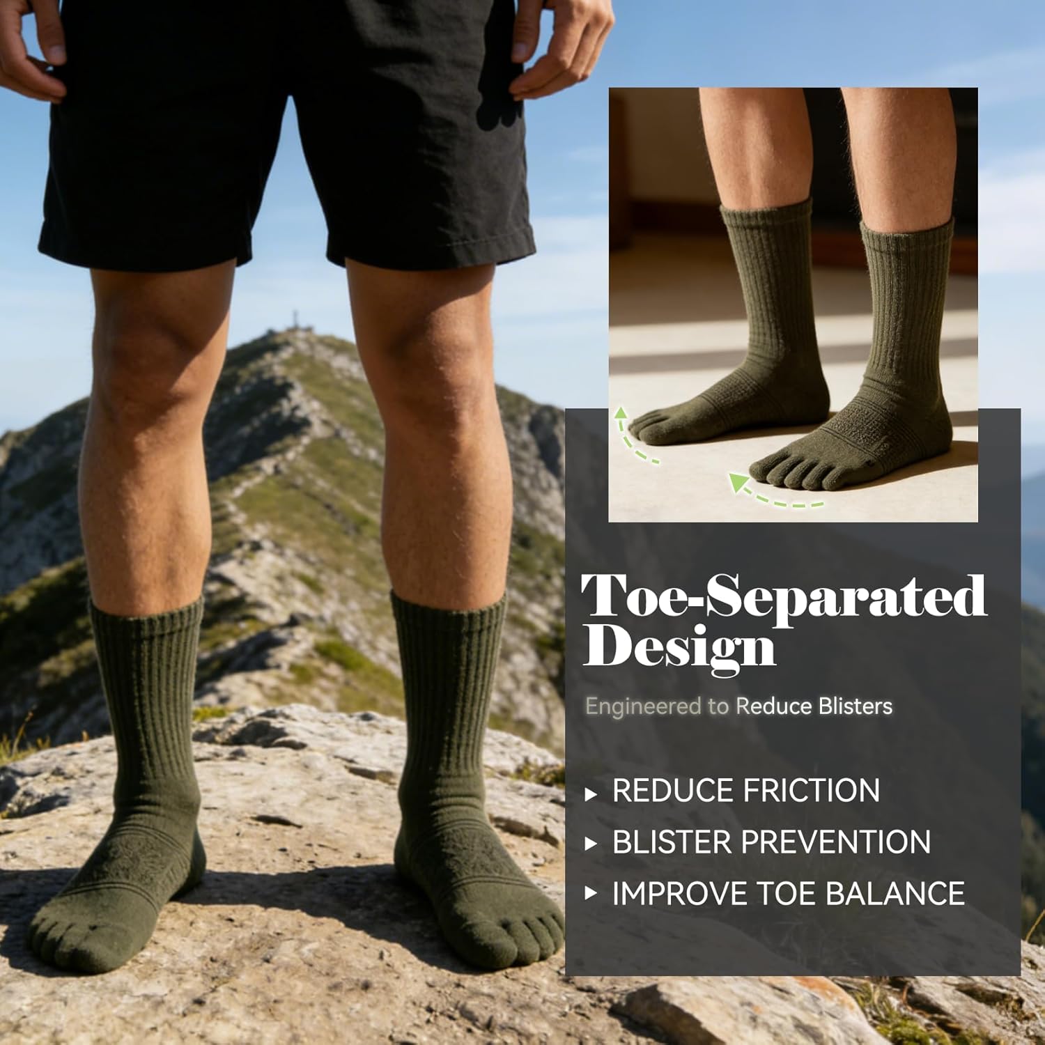 Merino Wool Toe Socks for Men and Women, Five Finger Hiking Socks, Warm Thermal Boot Sock for Winter, 3 Pairs