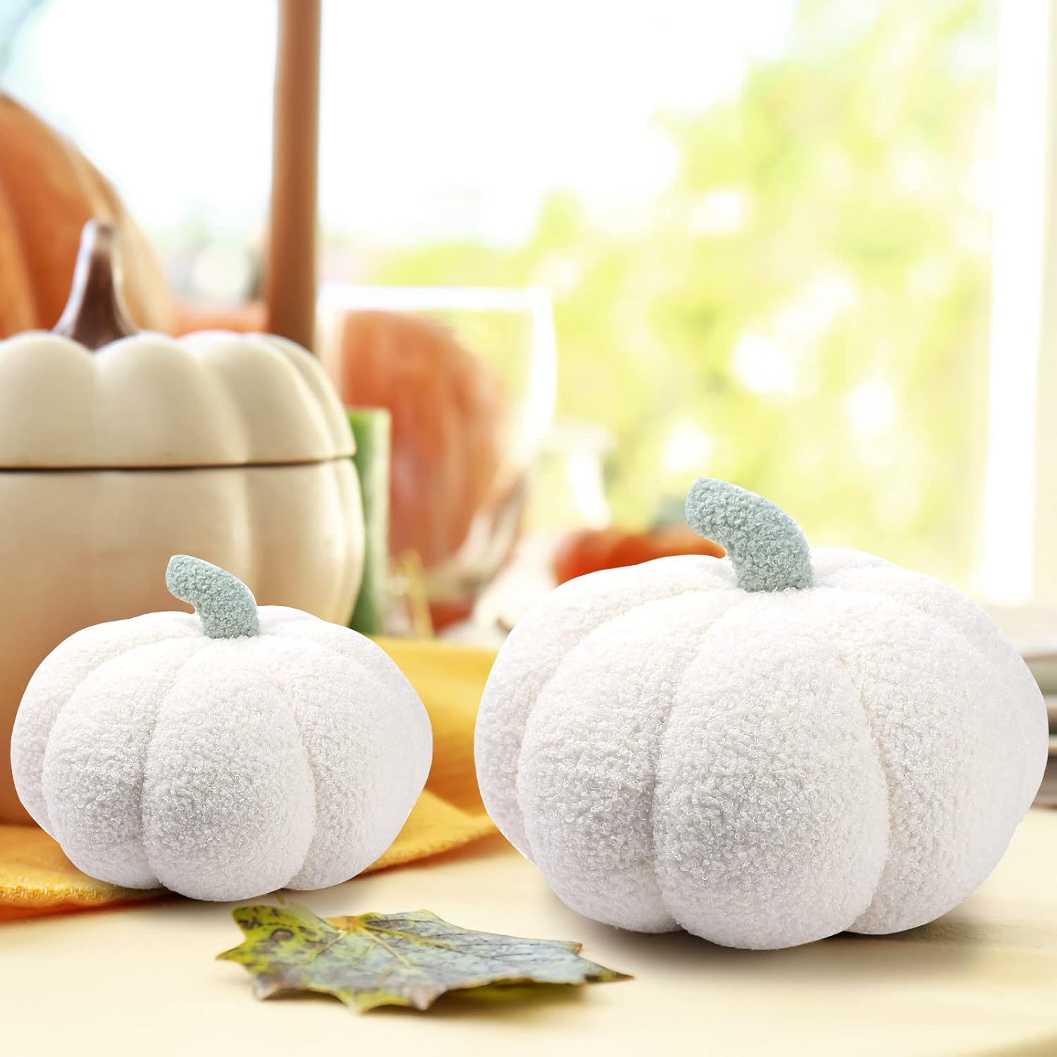 Kajaia 4 Pcs Fall Decor Thanksgiving Pumpkin Throw Pillow Fall Pillow 11 Inches 7 Inches 3D Cushion Thanksgiving Sherpa Plush Fluffy Stuffed for Autumn Christmas Home Sofa(White)