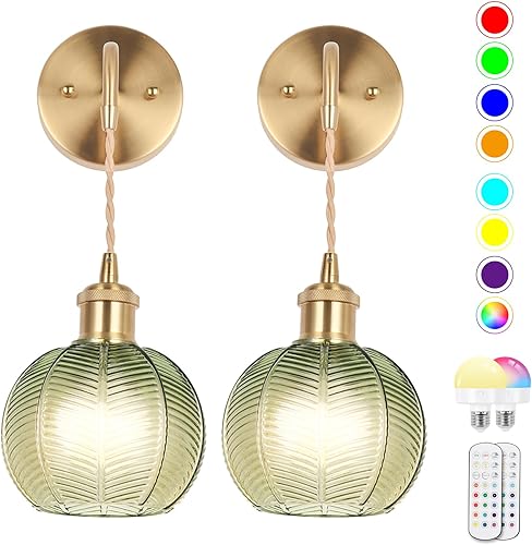 Miniatura 13 de Aplique de Pared Operado por Batería, Apliques de Pared para Interiores no Cableados Apliques de Pared con Pantalla de Vidrio Verde Profundo con RGB