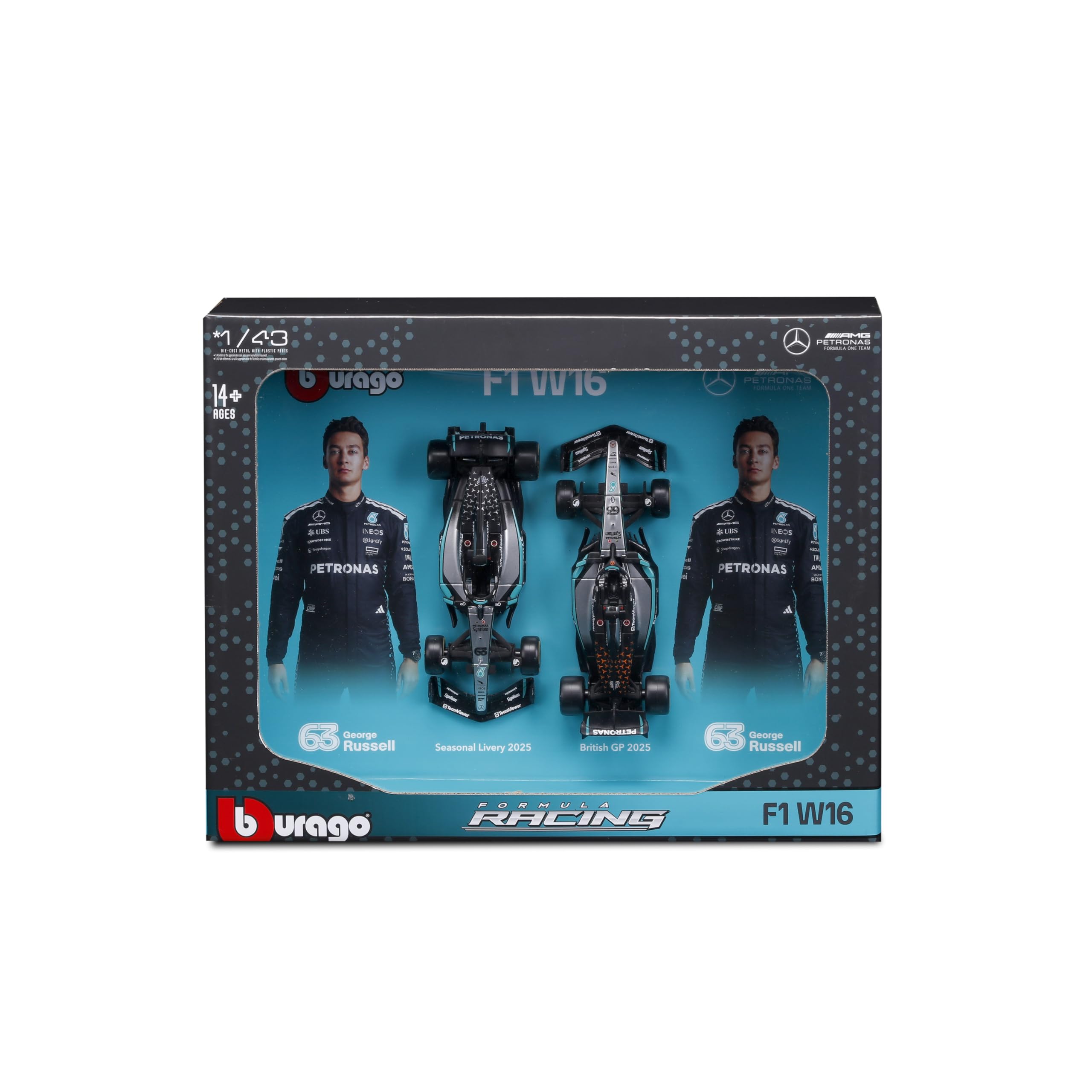 Bburago 1/43 Racing - Mercedes AMG W16 E Performance 2PK Modelli da collezione per 14+ Età