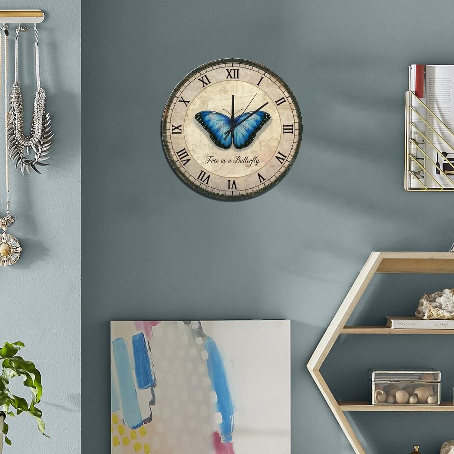 12-Inch Wall Clocks Free As A Butterfly Butterfly Turquoise Black Round Battery Operated Retro Wooden Clocks Silent Non Ticking Roman Numeral Wall Decor for Farmhouse Kitchen Bedroom Bathroom