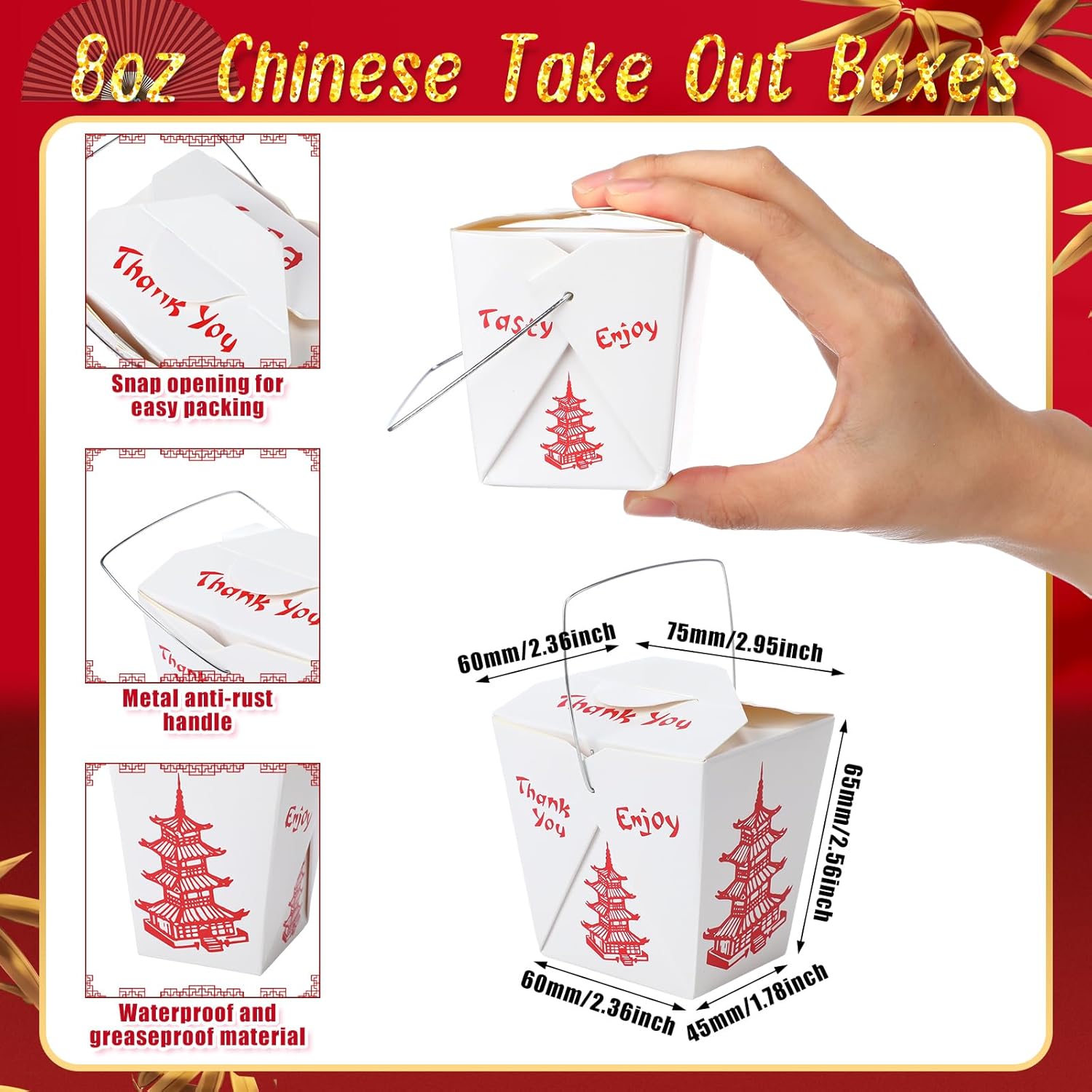 Nitial 150 Pcs 8 oz Chinese Take out Boxes Pagoda Take out Food Container Disposable Chinese Containers Food Boxes for Picnic, Restaurants, Asian Theme Party Favors Decorations