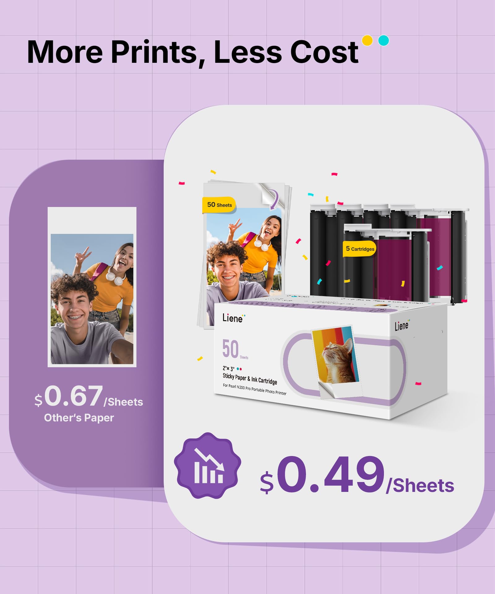 Liene Pearl N200 Pro Papel Fotográfico Adhesivo para Impresora Portátil: 50 Hojas (5x7,6 cm) + 5 Cintas. Resistente al Agua, Adhesivo Instantáneo. Para DMP130. Ideal para Scrapbooking y DIY.