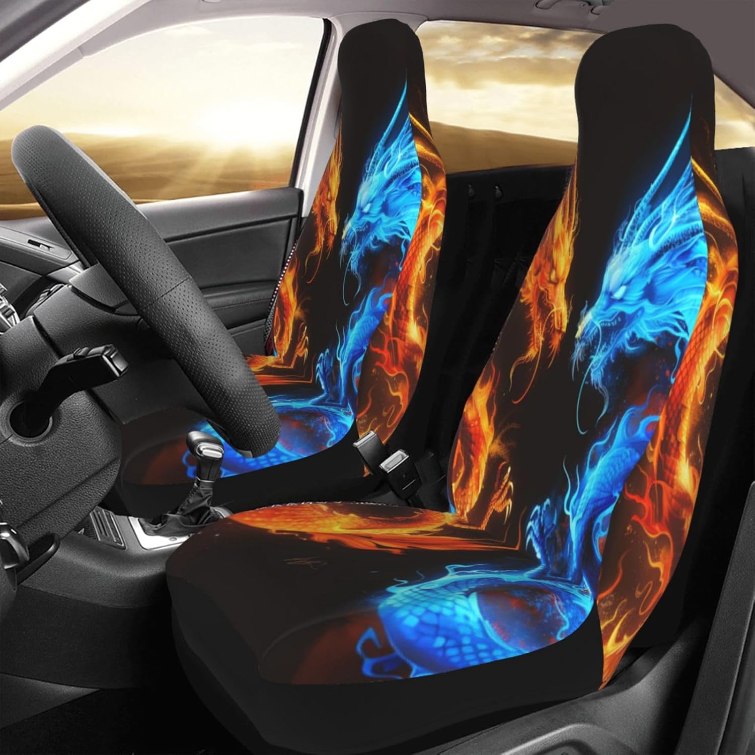 A Blue and Orange Fire Dragon Car Seat Covers Car Front Seat Cushion Auto Seat Cover Car Bucket Seats Protector Covers Universal Fit for Car Sedan Truck SUV 2pcs