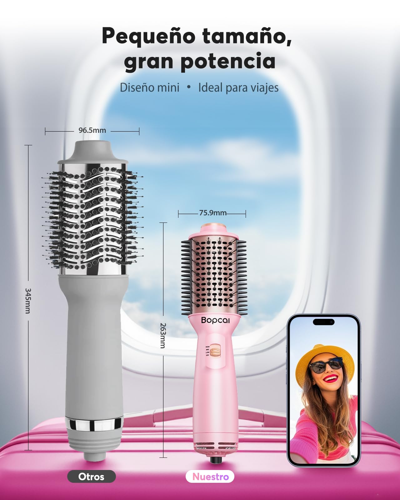 Bopcal Cepillo de Aire Caliente 4 in 1, Secador Iónico Portátil para Pelo Liso, Volumen y Rizos, Mini Cepillo Redondo de Viaje con Doble Voltaje, 3 Niveles de Temperatura y Adaptadores US/UK